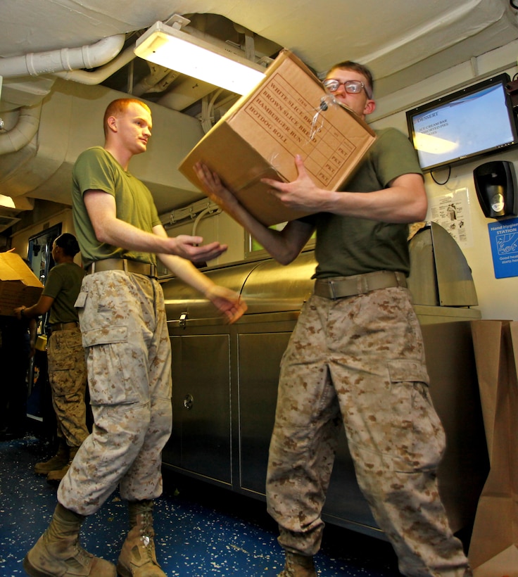 Lance Cpl. Aaron Waters, a Camdler, N.C., native and Lance Cpl. Michael Schineider, a Cleveland native, both with the 24th Marine Expeditionary Unit, work together carrying fresh fruits, vegetables and dry goods during a replenishment at sea detail aboard the USS Iwo Jima, Aug. 29, 2012. During the RAS the USS Iwo Jima took on fuel, food supplies and mail to sustain the ship through the next few weeks. The 24th MEU is deployed with the Iwo Jima Amphibious Ready Group as a theater reserve force for U.S. Central Command and is providing support for maritime security operations and theater security cooperation efforts in the U.S. Navy's 5th Fleet area of responsibility.