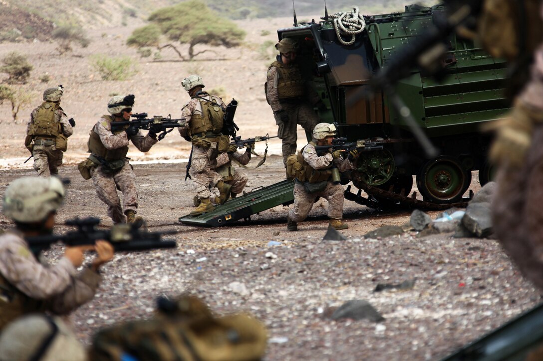 Marines with Alpha Company, Battalion Landing Team 1st Battalion, 2nd Marine Regiment, 24th Marine Expeditionary Unit, assault a beachhead during an amphibious training raid in Djibouti, Aug. 15, 2012. Elements of the 24th MEU are operating in and around Djibouti, taking part in and coordinating various unilateral exercises and bilateral events with foreign militaries. The 24th MEU is deployed with the Iwo Jima Amphibious Ready Group as a theater reserve and crisis response force in support of U.S. Central Command and the U.S. Navy's 5th Fleet area of responsibility.