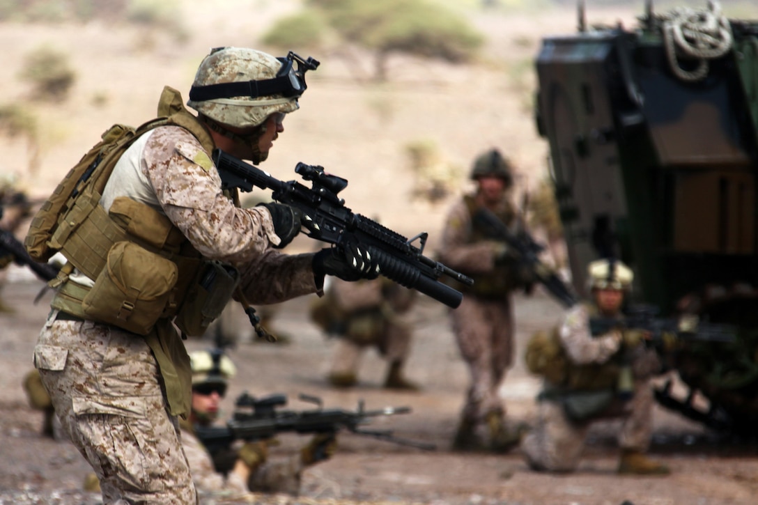 Marines with Alpha Company, Battalion Landing Team 1st Battalion, 2nd Marine Regiment, 24th Marine Expeditionary Unit, assault a beachhead during an amphibious training raid in Djibouti, Aug. 15, 2012. Elements of the 24th MEU are operating in and around Djibouti, taking part in and coordinating various unilateral exercises and bilateral events with foreign militaries. The 24th MEU is deployed with the Iwo Jima Amphibious Ready Group as a theater reserve and crisis response force in support of U.S. Central Command and the U.S. Navy's 5th Fleet area of responsibility.