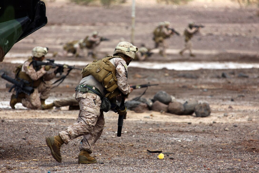 Marines with Alpha Company, Battalion Landing Team 1st Battalion, 2nd Marine Regiment, 24th Marine Expeditionary Unit, assault a beachhead during an amphibious training raid in Djibouti, Aug. 15, 2012. Elements of the 24th MEU are operating in and around Djibouti, taking part in and coordinating various unilateral exercises and bilateral events with foreign militaries. The 24th MEU is deployed with the Iwo Jima Amphibious Ready Group as a theater reserve and crisis response force in support of U.S. Central Command and the U.S. Navy's 5th Fleet area of responsibility.