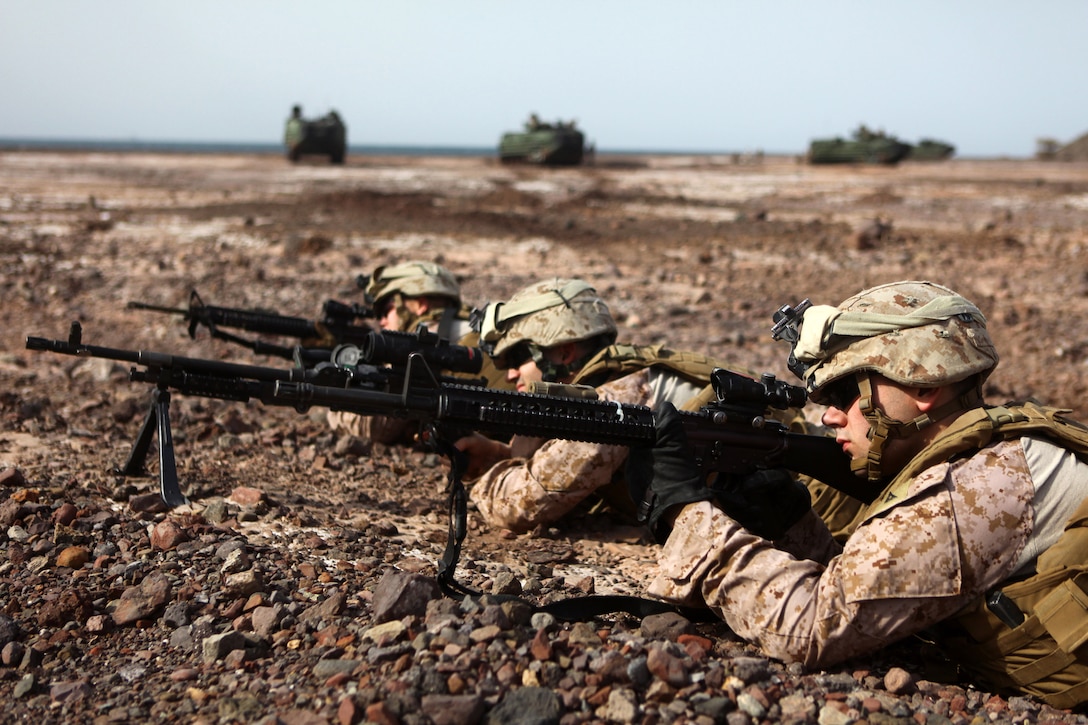 Marines with Alpha Company, Battalion Landing Team 1st Battalion, 2nd Marine Regiment, 24th Marine Expeditionary Unit, provide security after assaulting a beachhead during an amphibious training raid in Djibouti, Aug. 15, 2012. Elements of the 24th MEU are operating in and around Djibouti, taking part in and coordinating various unilateral exercises and bilateral events with foreign militaries. The 24th MEU is deployed with the Iwo Jima Amphibious Ready Group as a theater reserve and crisis response force in support of U.S. Central Command and the U.S. Navy's 5th Fleet area of responsibility.