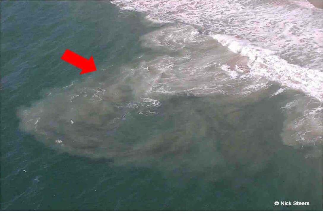 A rip current is a narrow, powerful current of water running perpendictular to the beach. Rip currents typically form at breaks in sandbars and near structures such as jetties and piers. If caught in a rip current, swim across the current in the direction of the shoreline.