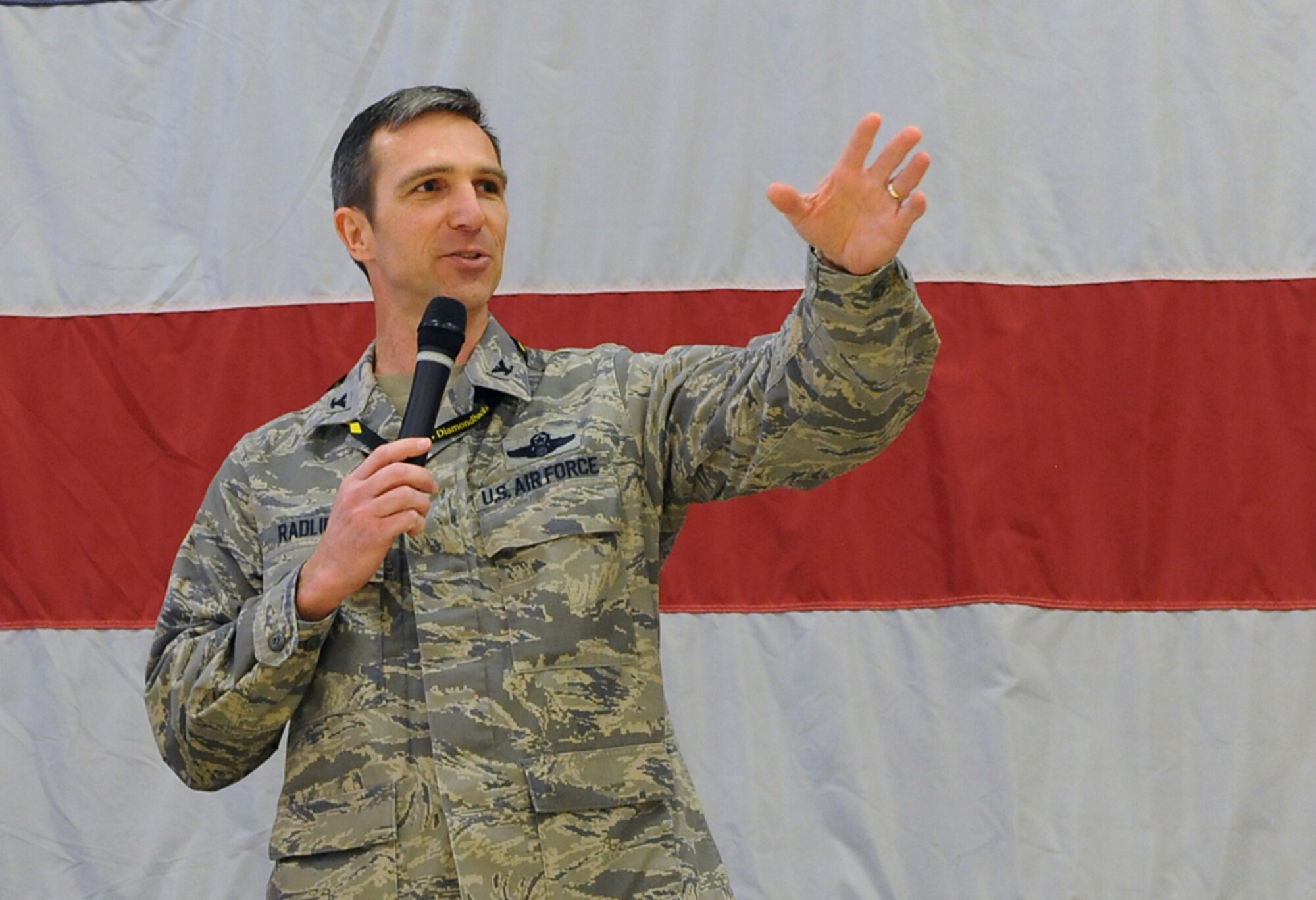 Col. Bryan Radliff, 419th Fighter Wing commander, gives remarks to Airmen here last week. Radliff comes to Utah's 419th FW after serving as 477th Fighter Group commander at Joint Base Elmendorf-Richardson, Alaska. (U.S. Air Force photo/Alex Lloyd) 
