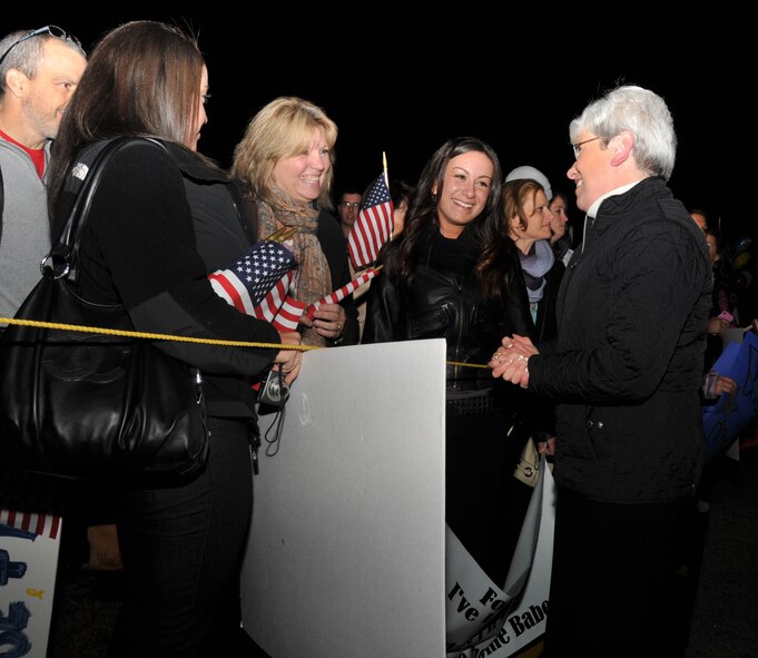 Connecticut Lieutenant Governor Nancy Wyman greets families during a homecoming for deployed Airmen from the 103rd Air Control Squadron at Bradley Air National Guard base, East Granby, Conn., Tuesday, Nov. 20, 2012. The Airmen completed a six-month tour of duty in Southwest Asia and returned home just in time for Thanksgiving. (U.S. Air Force photo by Senior Airman Emmanuel Santiago)