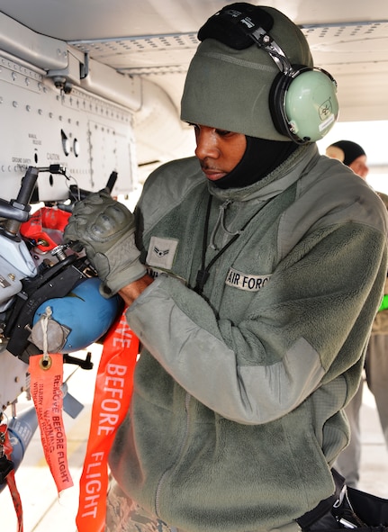 Airman 1st Class Brandon J. Manning loads a BDU-33 practice bomb onto an A-10C Thunderbolt II at Warfield Air National Guard base in Baltimore, Md. The weapon loader with the 175th Aircraft Maintenance Squadron was uploading munitions for a training sortie Nov. 30. (National Guard photo by Tech. Sgt. David Speicher)