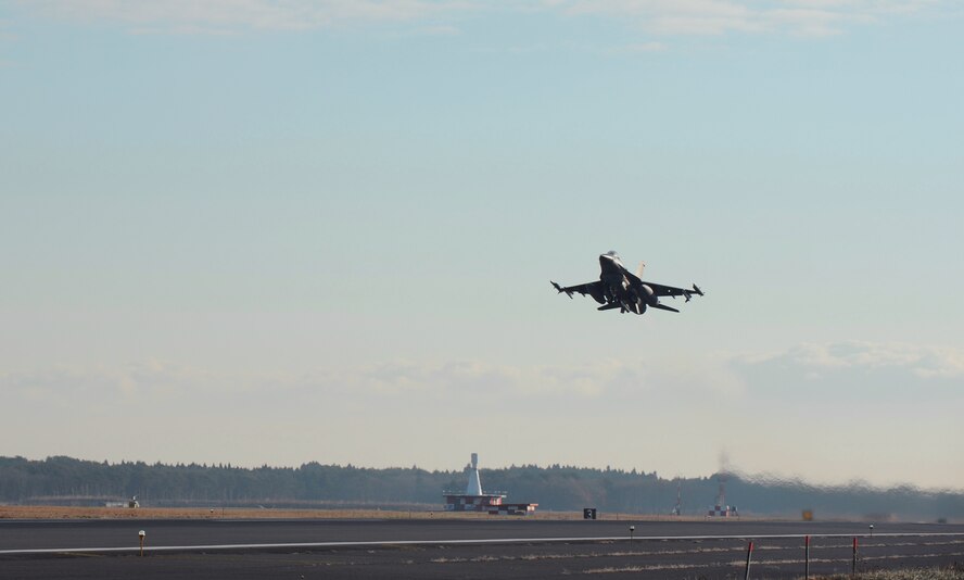An F-16 Fighting Falcon from the 35th Fighter Wing takes off the flight line at Misawa Air Base, Japan Dec. 3, 2012 during an Operational Readiness Exercise. The purpose of the 3-day exercise is to demonstrate the wing’s ability to quickly generate war-ready aircraft and help Airmen develop skills needed in a deployed environment.   (U.S. Air Force photo by Airman 1st Class Kia Atkins)