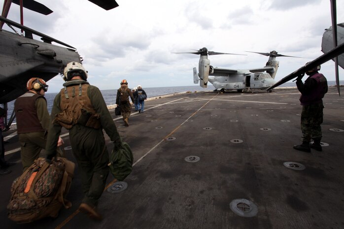 Marines and sailors with the 24th Marine Expeditionary Unit and the Iwo Jima Amphibious Ready Group load gear into an MV-22 Osprey on the flight deck of the USS New York, Nov. 29, 2012. The 24th Marine Expeditionary Unit is deployed with the Iwo Jima Amphibious Ready Group in the 6th Fleet area of responsibility serving as an expeditionary crisis response force capable of a variety of missions from full-scale combat to evacuations and humanitarian assistance.