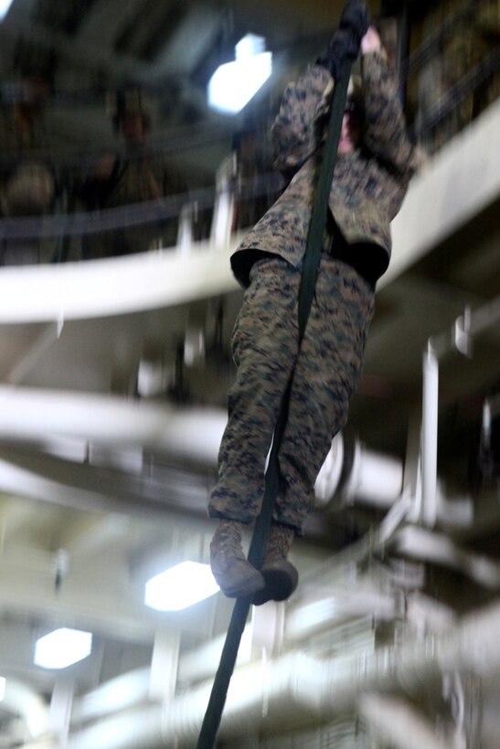 A Marine with Alpha Company, Battalion Landing Team 1st Battalion, 2nd Marine Regiment, 24th Marine Expeditionary Unit, conducts fast-rope training aboard the USS New York, Nov. 29, 2012. The 24th Marine Expeditionary Unit is deployed with the Iwo Jima Amphibious Ready Group in the 6th Fleet area of responsibility serving as an expeditionary crisis response force capable of a variety of missions from full-scale combat to evacuations and humanitarian assistance.