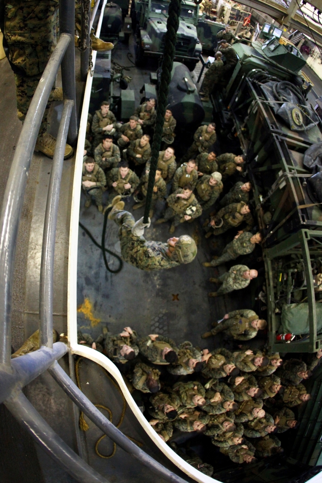 Marines with Alpha Company, Battalion Landing Team 1st Battalion, 2nd Marine Regiment, 24th Marine Expeditionary Unit, conduct fast-rope training aboard the USS New York, Nov. 29, 2012. The 24th Marine Expeditionary Unit is deployed with the Iwo Jima Amphibious Ready Group in the 6th Fleet area of responsibility serving as an expeditionary crisis response force capable of a variety of missions from full-scale combat to evacuations and humanitarian assistance.