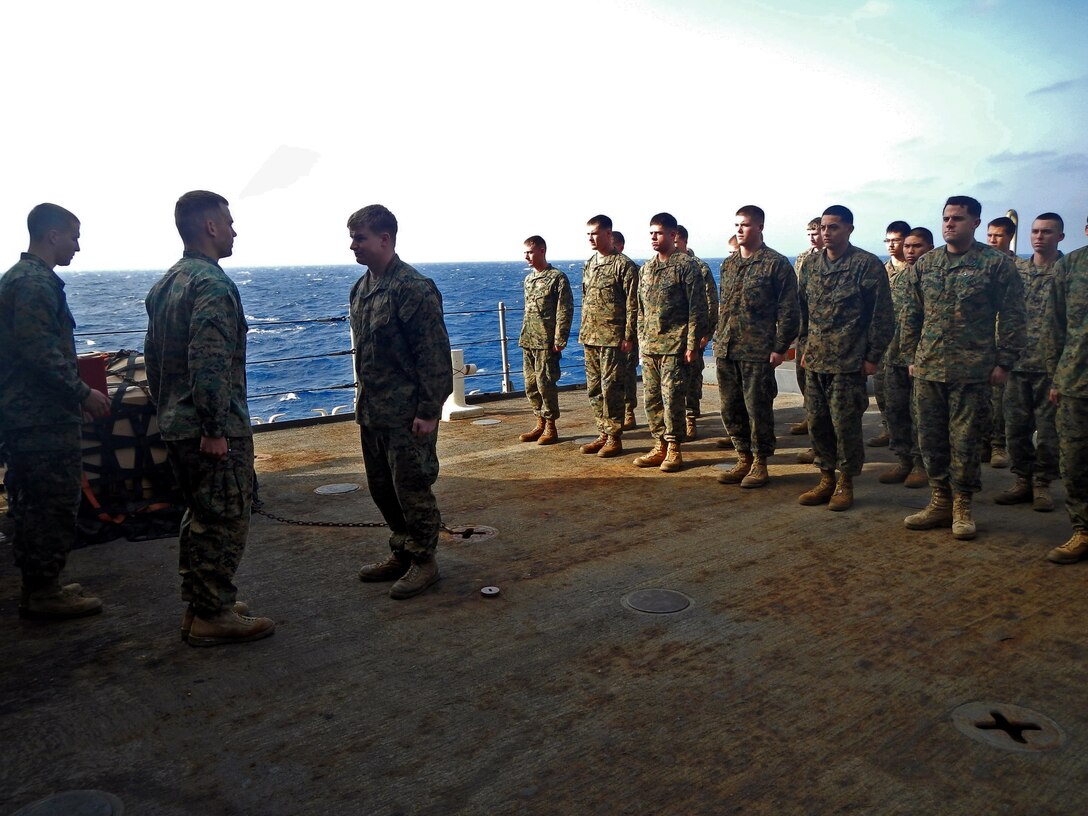 USS GUNSTON HALL, Mediterranean Sea - Cpl. Jesse Manno, right, a Branchville, N.J., native with Charlie Co., Battalion Landing Team 1st Battalion, 2nd Marine Regiment, 24th Marine Expeditionary Unit, stands at attention in front of his platoon commander, 1st. Lt. William Norris, of Naples, Fla.,during his reenlistment ceremony on USS Gunston Hall, Nov. 30, 2012. The 24th Marine Expeditionary Unit is deployed with the Iwo Jima Amphibious Ready Group in the 6th Fleet area of responsibility serving as an expeditionary crisis response force capable of a variety of missions, from full-scale combat to evacuations and humanitarian assistance. Since deploying in March, they have supported a variety of missions in the U.S. Central, Africa and European Commands, assisted the Navy in safeguarding sea lanes, and conducted various bilateral and unilateral training events in several countries in the Middle East and Africa. (Photo courtesy of Cpl. Jesse Pehrson)