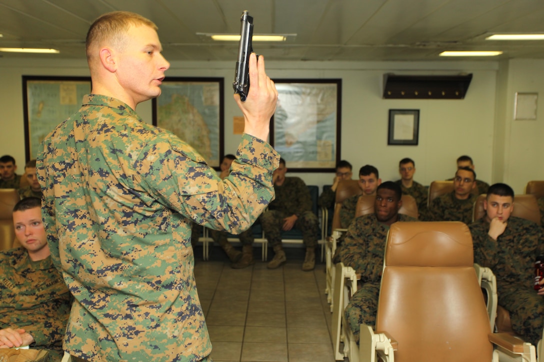 USS IWO JIMA, Mediterranean Sea (Nov. 30, 2012) - Staff Sgt. Aaron Davis, a Benton, Ark., native with the Command Element, 24th Marine Expeditionary Unit, demonstrates the basic M9 pistol carrying techniques during a combat marksmanship class aboard USS Iwo Jima, Nov. 30, 2012. Combat marksmanship training is a continuous part of life for Marines, no matter what their military occupational specialty is, and regardless of whether they're stateside or deployed on a ship. The 24th Marine Expeditionary Unit is deployed with the Iwo Jima Amphibious Ready Group in the 6th Fleet area of responsibility serving as an expeditionary crisis response force capable of a variety of missions, from full-scale combat to evacuations and humanitarian assistance. Since deploying in March, they have supported a variety of missions in the U.S. Central, Africa and European Commands, assisted the Navy in safeguarding sea lanes, and conducted various bilateral and unilateral training events in several countries in the Middle East and Africa. (U.S. Marine Corps photo by Lance Cpl. Tucker S. Wolf/Released)