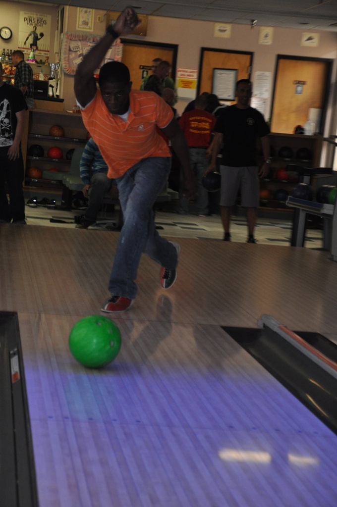 Sergeant Elton Rogers, the supply administrative chief aboard Marine Corps Logistics Base Barstow, competing in MCLB’s bowling tournament, Nov. 30. Marines aboard the base donated $10 each to the Combined Federal Campaign in order to compete. 