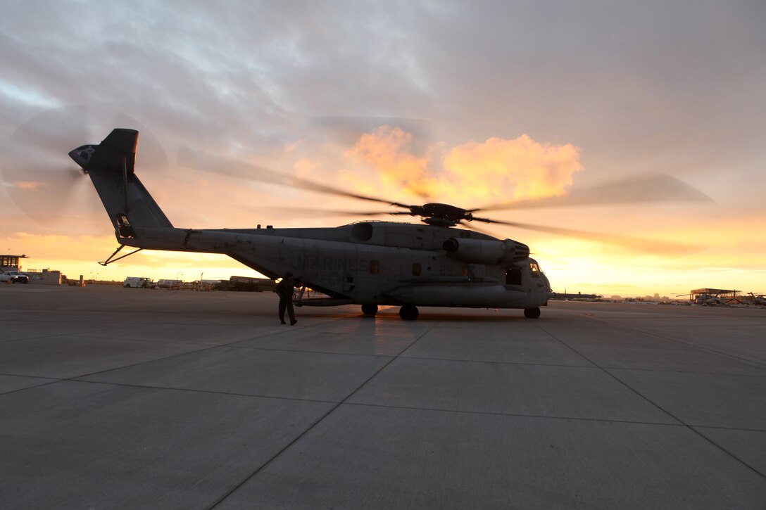 A CH-53E Super Stallion lands aboard Marine Corps Air Station Miramar, Calif., Nov.29. Capt. Charlene “Cindy Lou” Wyman, a pilot with Marine Medium Helicopter Squadron 462, 3rd Marine Aircraft Wing, and a Denver, Colo., native, instructs other pilots as they practice the exercise.