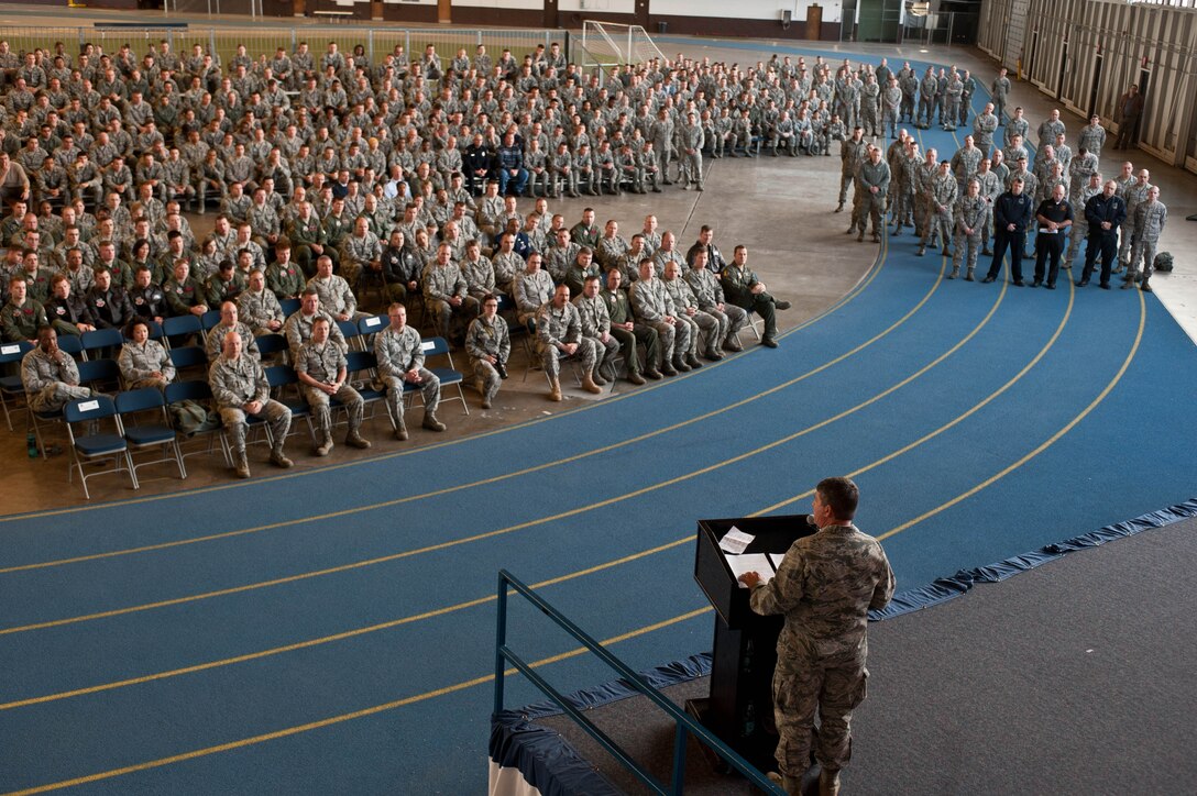 Brig. Gen. Todd Kelly, North Carolina Air National Guard assistant adjutant general-air, addresses Airmen during an all call held in the Pride Hangar at Ellsworth Air Force Base, S.D., Nov. 28, 2012. Leaders from the 145th Airlift Wing praised and expressed their gratitude to Ellsworth Airmen for their professionalism during the C-130 crash response that occurred in southwestern South Dakota during July 2012. (U.S. Air Force photo by Airman 1st Class Zachary Hada/Released)
