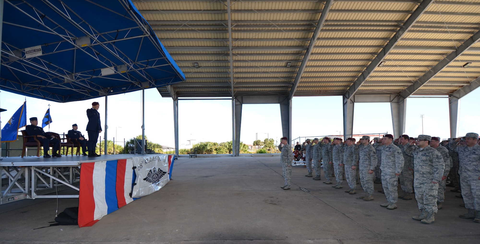 Maj. John Fish, 308th Rescue Squadron commander, receives his first salute as commander from his squadron Sunday during the 920th Rescue Wing's Unit Training Assembly. Fish assumed command from Lt. Col. Kurt Matthews during an open air ceremony. (U.S. Air Force photo/2nd Lt. Leslie Forshaw)