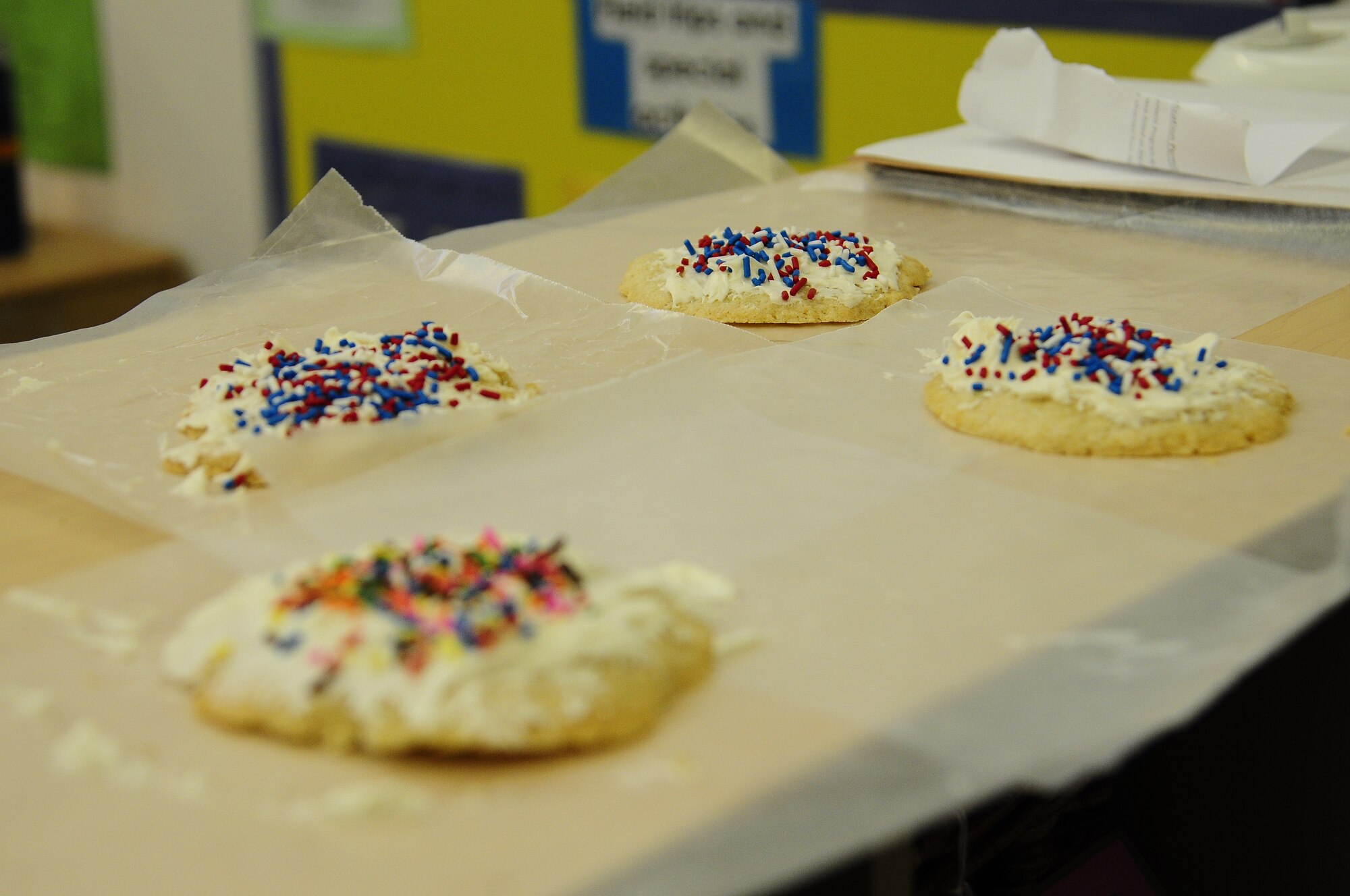 Decorated cookies from the children at the Child Development center sit on the counter waiting to be taken to wounded warriors at the Contingency Aeromedical Staging Facility on Ramstein Air Base, Germany, Nov. 30, 2012. The CDC directors and Parental Advisory Board made the decision to do this with the classrooms to get into the holiday spirit and teach the children about giving to others. (U.S. Air Force photo/Airman 1st Class Hailey Haux)