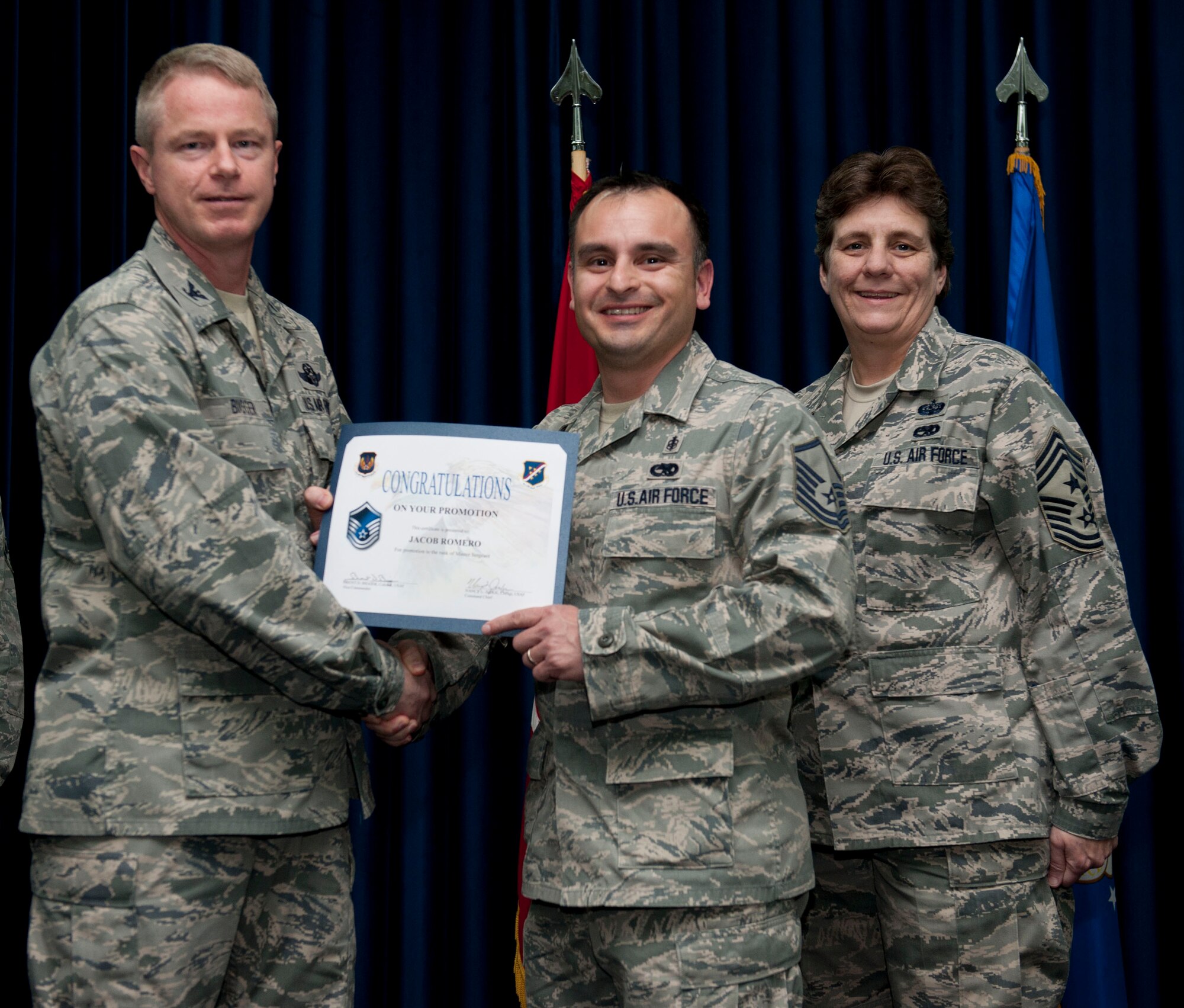 Jacob Romero, 39th Medical Operations Squadron, is promoted to the rank of master sergeant Nov. 30, 2012, at the club complex ballroom at Incirlik Air Base, Turkey. (U.S. Air Force photo by Senior Airman Clayton Lenhardt/Released)