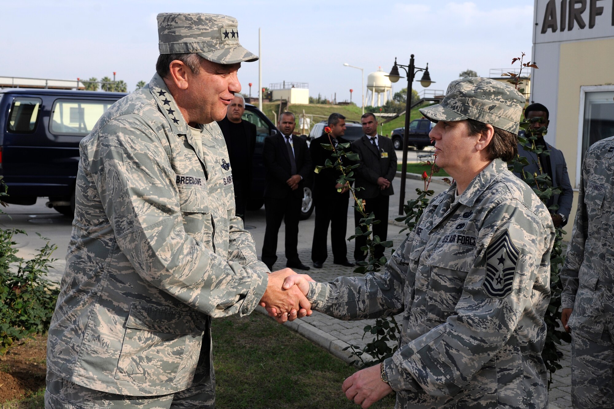 Gen. Philip M. Breedlove, U.S. Air Forces in Europe and U.S. Air Forces Africa commander, bids farewell to Chief Master Sgt. Nancy Judge, 39th Air Base Wing command chief, Nov. 29, 2012, at Incirlik Air Base, Turkey. Breedlove and Chief Master Sgt. Craig A. Adams, USAFE /AFAFRICA command chief, visited Incirlik to interact with Airmen and gain first-hand knowledge of the current state of the 39th Air Base Wing and its partnership with the Turkish Air Force. (U.S. Air Force photo by Tech. Sgt. Dallas Edwards/ Released)