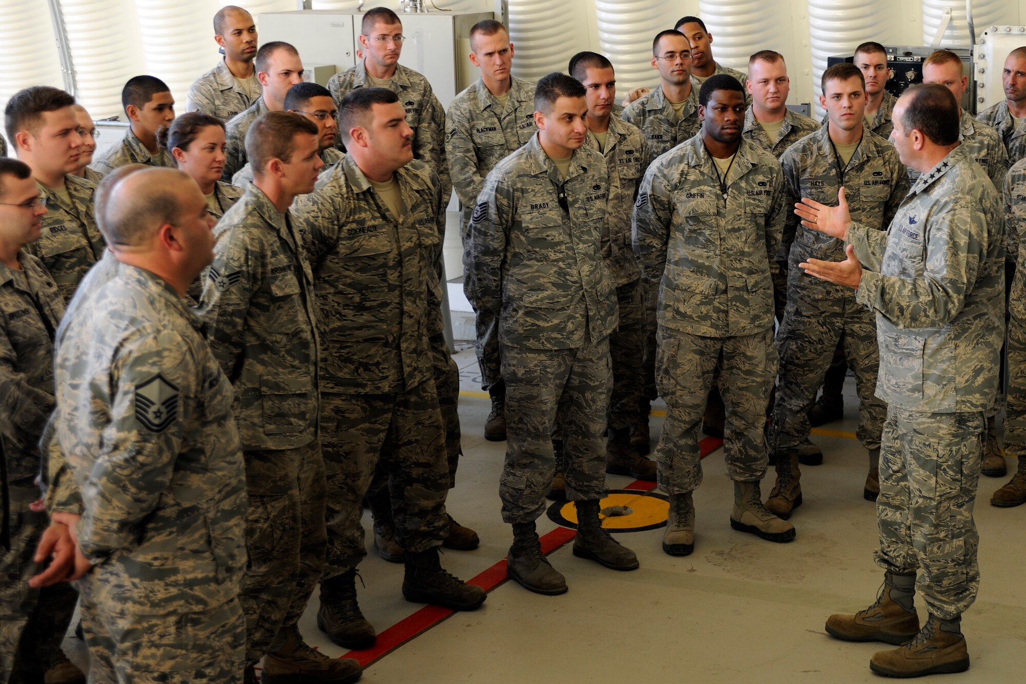 Gen. Philip M. Breedlove, U.S. Air Forces in Europe and U.S. Air Forces Africa commander, talks to Airmen from the 39th Maintenance Squadron during his base visit Nov. 28, 2012, at Incirlik Air Base, Turkey. Gen. Breedlove came to interact with Airmen and gain first-hand knowledge of the current state of 39th Air Base Wing and its partnership with the Turkish Air Force. (U.S. Air Force photo by Tech. Sgt. Dallas Edwards/ Released)