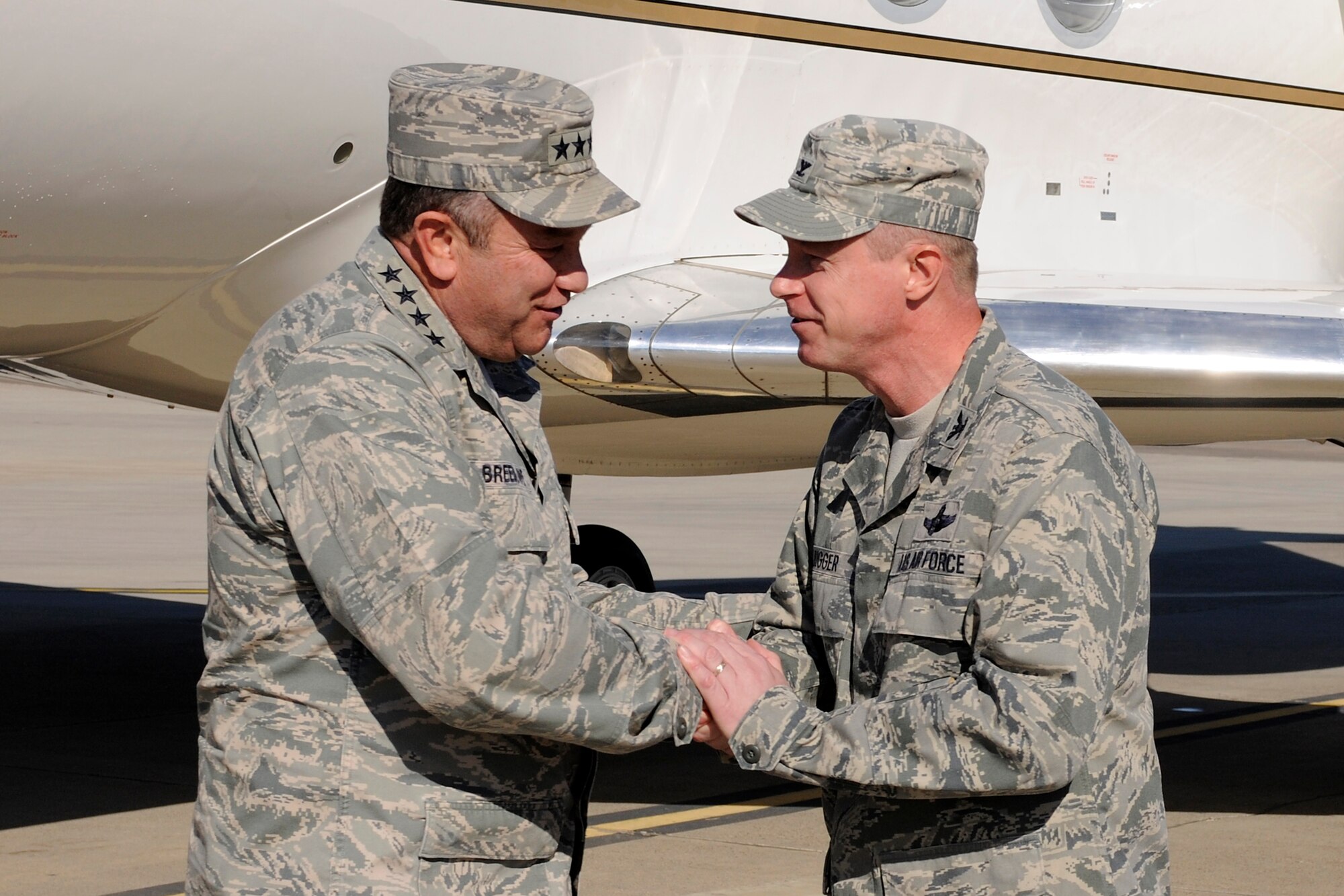 Gen. Philip M. Breedlove, U.S. Air Forces in Europe and U.S. Air Forces Africa commander, is greeted by Col. Brent Bigger, 39th Air Base Wing vice commander, Nov. 28, 2012, at Incirlik Air Base, Turkey. Gen. Breedlove and Chief Master Sgt. Craig A. Adams, USAFE/AFAFRICA command chief, visited Incirlik AB to interact with Airmen and gain first-hand knowledge of the current state of 39 ABW and its partnership with the Turkish Air Force. (U.S. Air Force photo by Tech. Sgt. Dallas Edwards/ Released)