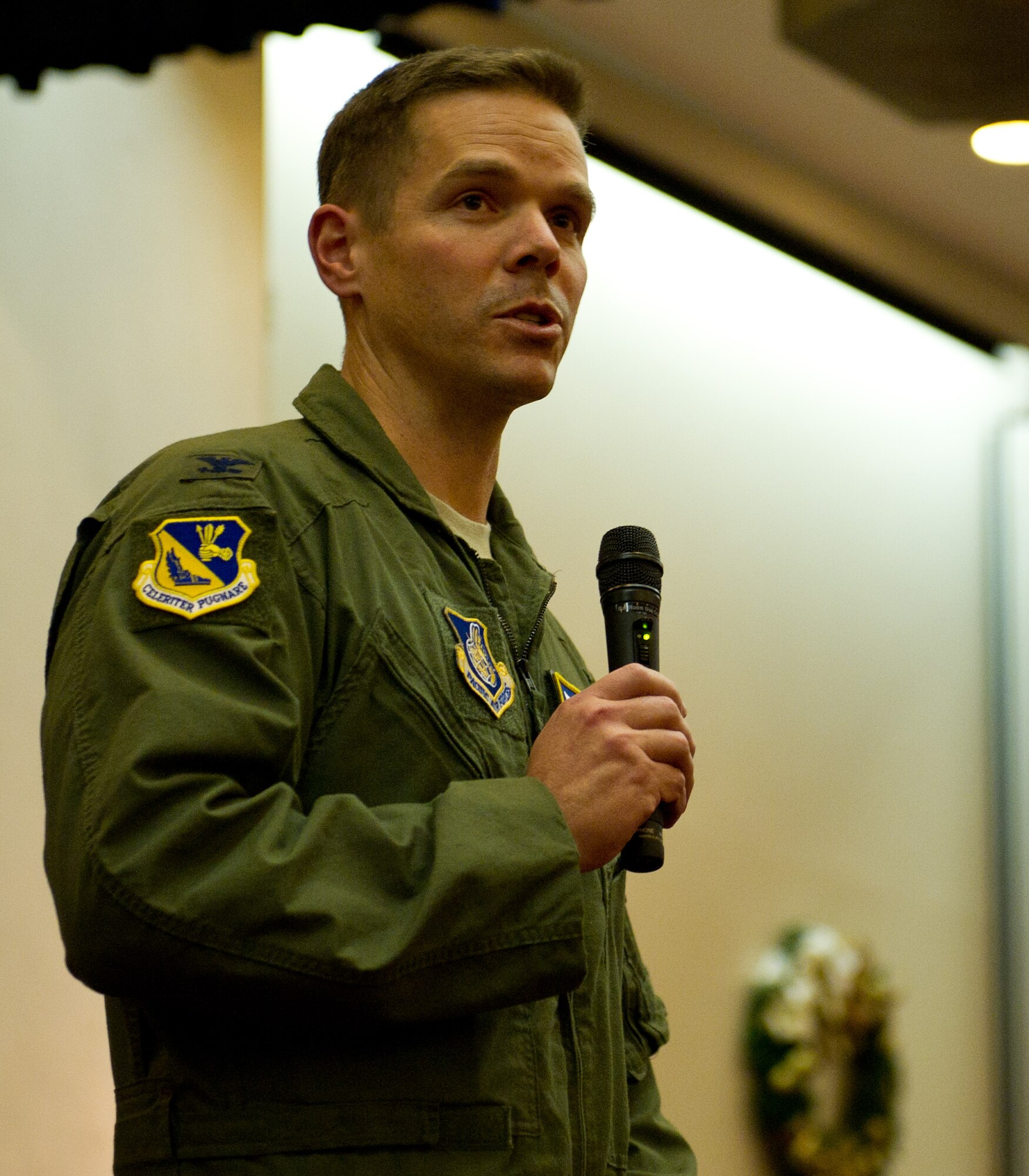 YOKOTA AIR BASE, Japan -- Col. Chip Brown, 374th Airlift Wing vice commander, addresses Yokota's officer members during an all call held at Yokota Air Base, Japan, Nov. 30, 2012. Base leadership and U.S.F.J. held the all call to reiterate the importance of professionalism and responsibility both on and off base as well as taking care of each other to prevent incidents and poor decisions. (U.S. Air Force photo by Senior Airman Andrea Salazar)