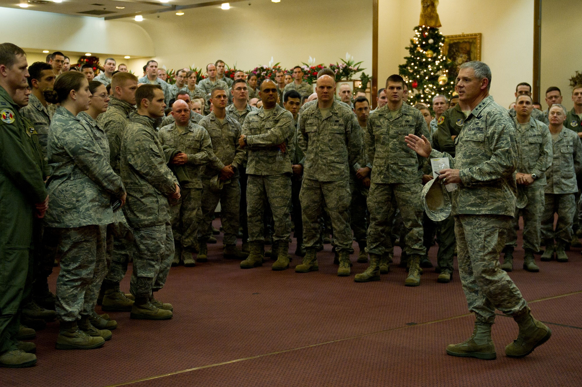 YOKOTA AIR BASE, Japan -- Lt. Gen. Sam Angelella, U.S. Forces Japan, 5th Air Force, commander, speaks to service members during an all call at Yokota Air Base, Japan, Nov. 30, 2012. Base leadership and U.S.F.J. held an all call to reiterate the importance of professionalism and responsibility both on and off base as well as taking care of each other to prevent incidents and poor decisions. (U.S. Air Force photo by Senior Airman Andrea Salazar)