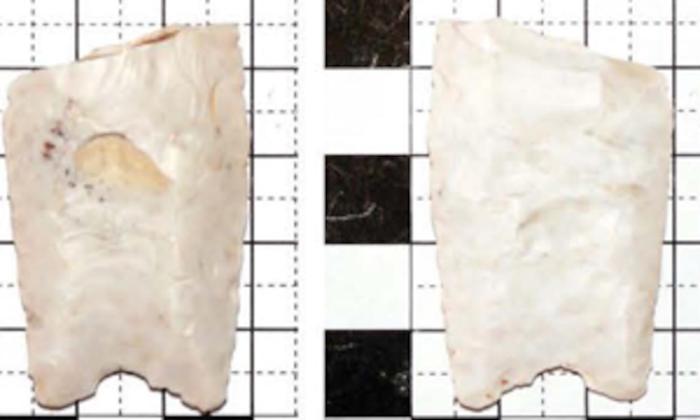 The Clovis point fragment at right was identified at one of the historic properties
at Ute Lake Ranch. It is part of the collection slated to be donated to Eastern New Mexico University.
