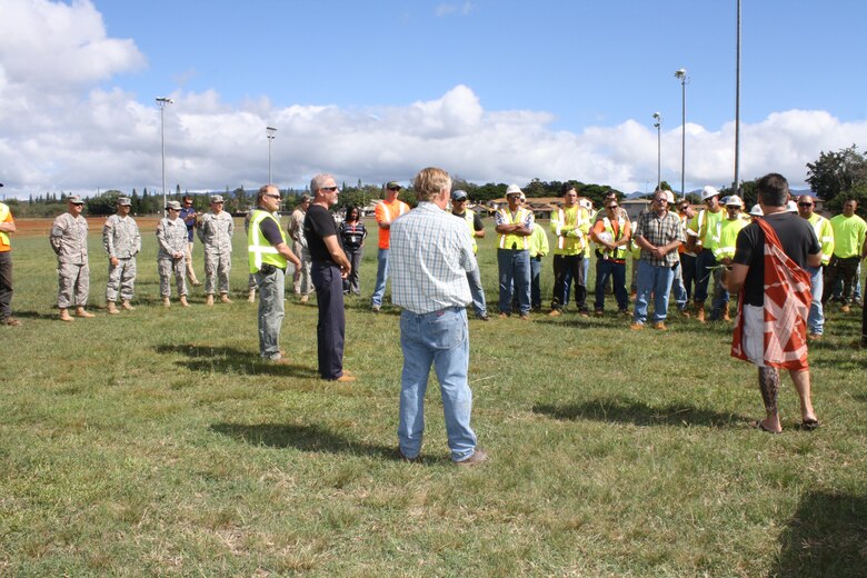 U.S. Army Garrison-Hawaii, the U. S. Army Corps of Engineers and contractor David Boland LLC personnel participated in a Hawaiian site blessing Nov. 28, officially starting the construction for the first phase of the new 25th Infantry Division (25th ID) Combat Aviation Brigade (CAB) Complex. Hawaiian Cultural Practitioner Keone Nunes led the Hawaiian blessing of contracting workers and the work site. More than 60 personnel from CAB phase one contractor David Boland LLC, the U.S. Army Corps of Engineers-Honolulu District, Schofield Barracks’ Directorate of Public Works as well as military representatives from the 25th ID CAB and U.S. Pacific Command attended the ceremony. This $54 million infrastructure project will support a total of 16 additional phases required to complete the entire $1 Billion CAB complex. Construction of this project will support the new CAB barracks that is scheduled to be awarded by the Corps in FY13 and constructed concurrently so both projects will be commissioned in 2015