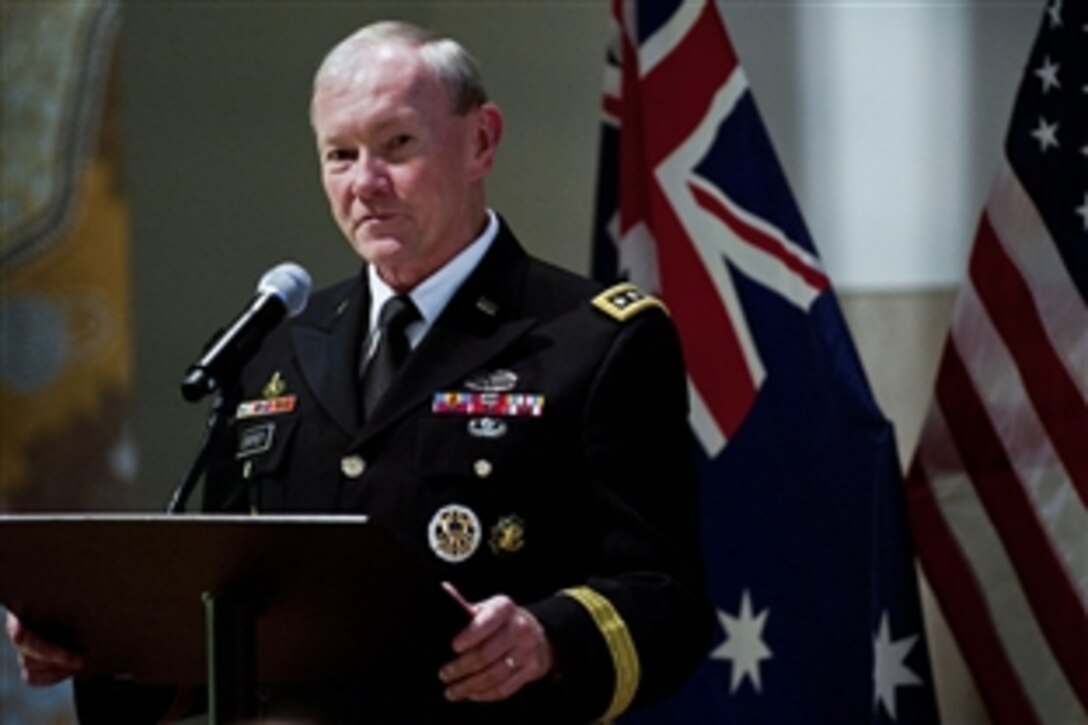 Army Gen. Martin E. Dempsey, chairman of the Joint Chiefs of Staff, serves as the keynote speaker during a dinner hosted by the Australian Embassy to honor a group of wounded warriors and their families in Washington, D.C., Nov. 30, 2012. 