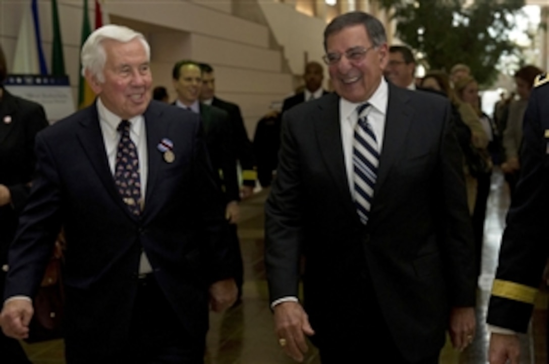 U.S. Sen. Dick Lugar of Indiana, and Defense Secretary Leon E. Panetta share a laugh outside the Nunn-Lugar Cooperative Threat Reduction Symposium at National Defense University in Washington, D.C., Dec. 3, 2012.  