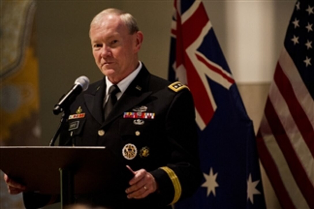 Chairman of the Joint Chiefs of Staff Gen. Martin E. Dempsey addresses an audience of Wounded Warriors and their families at the Australian Embassy in Washington, D.C., on Nov. 30, 2012.  Dempsey was the keynote speaker at a dinner hosted by the embassy to honor the Wounded Warriors and their families.  