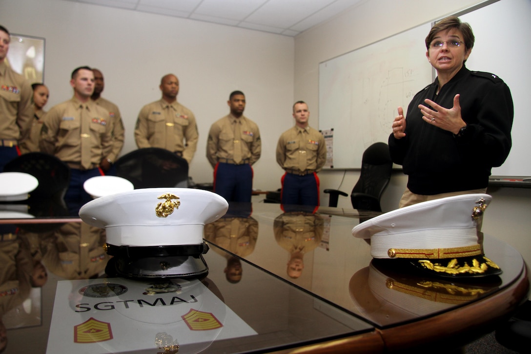 Rear Adm. Margaret Grun Kibben, Chaplain of the United States Marine Corps and the Deputy Chief of Navy Chaplains speaks to Marines of Marine Corps Recruiting Station Jacksonville during her visit to Jacksonville, Fla, Nov. 30. 