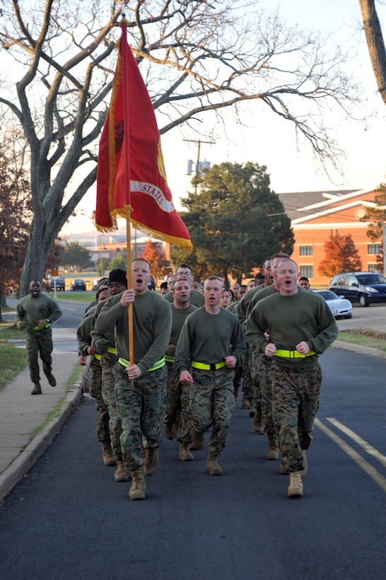Headquarters Company Marine Corps Embassy Security Group takes a motivational run on Nov. 8. The company ran 240 miles in 40 hours to commemorate the Marine Corps birthday. 