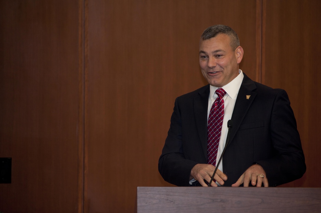 Gregg T. Habel, newly appointed executive director of Marine Forces Reserve and Marine Forces North, addresses an audience Dec. 3, during his appointment ceremony at Marine Corps Support Facility New Orleans.  Before climbing to the number two man of MARFORRES and MARFORNORTH, Habel served more than 27 years active duty in the Marine Corps as an infantry officer. (U.S. Marine Corps Photo by Cpl. Audrey Graham/Released)