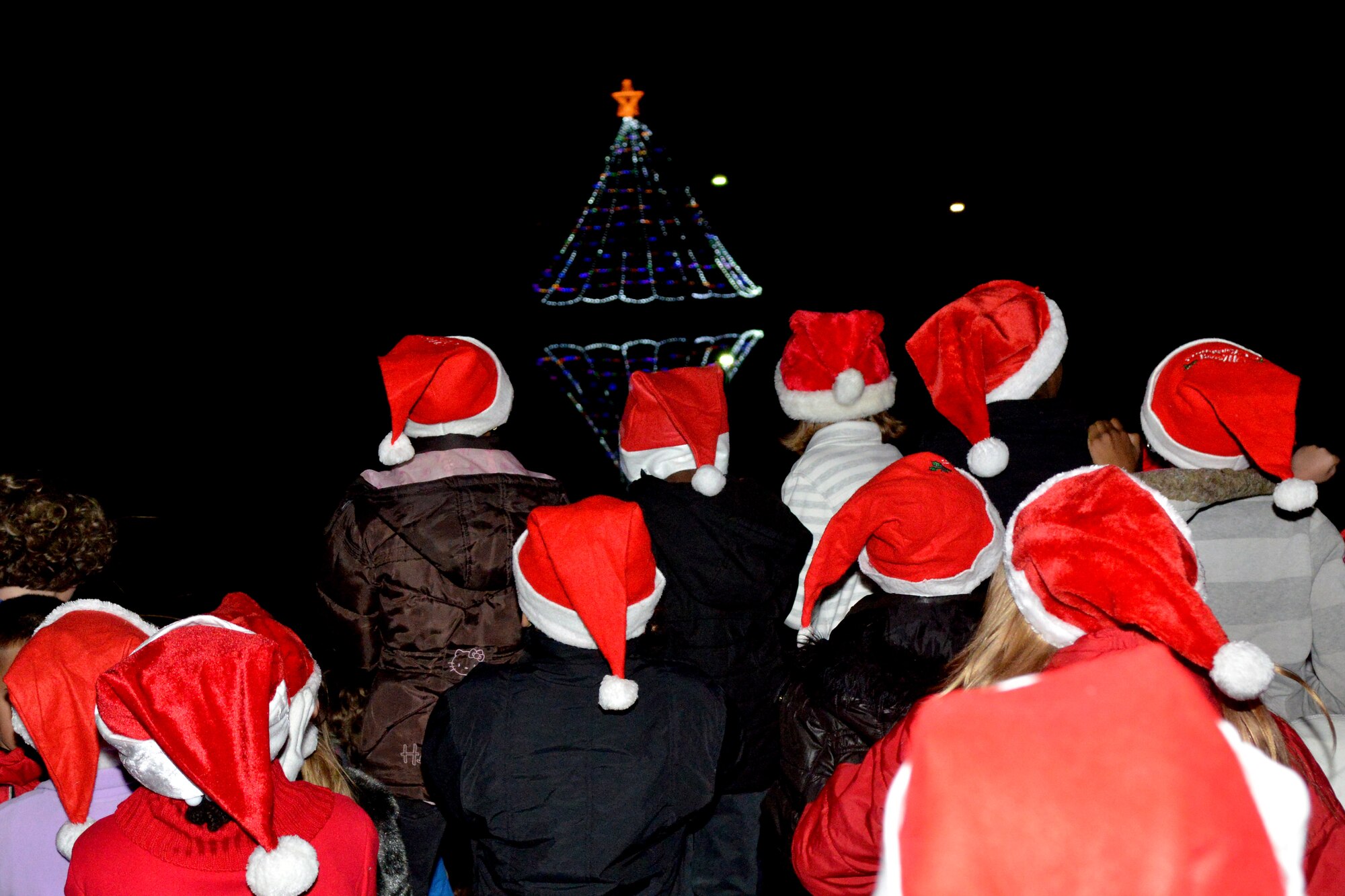 High Hills and Shaw Heights Elementary students watch as the Shaw Christmas tree glows at Memorial Lake, Shaw Air Force Base, S.C. Nov. 29, 2012. The celebration attracted more than 300 participants. (U.S. Air Force photo by Airman 1st Class Ashley L. Gardner/ Released)
