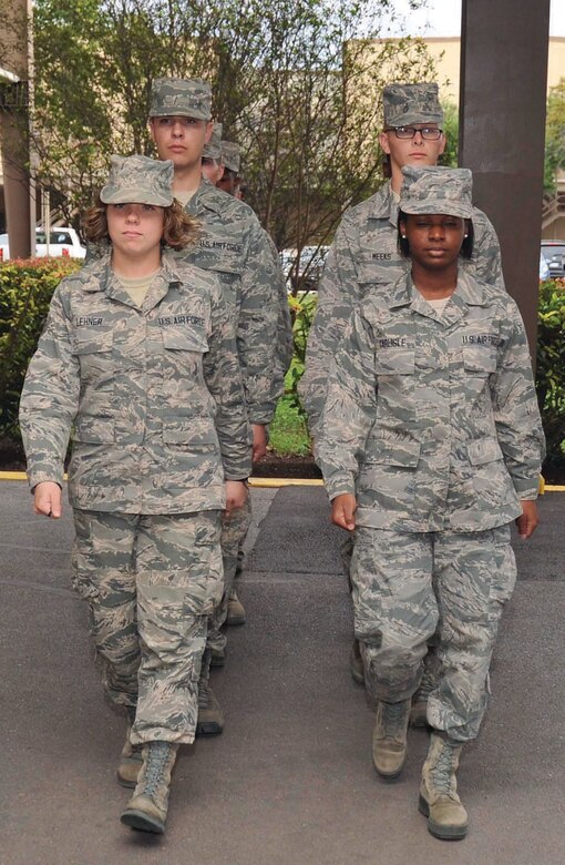 Airman 1st Class Kantrell Gray leads members of the 324th Training Squadron in preparation of BMT’s Drill Down Competitions. (U.S. Air Force Photo/Alan Boedeker)