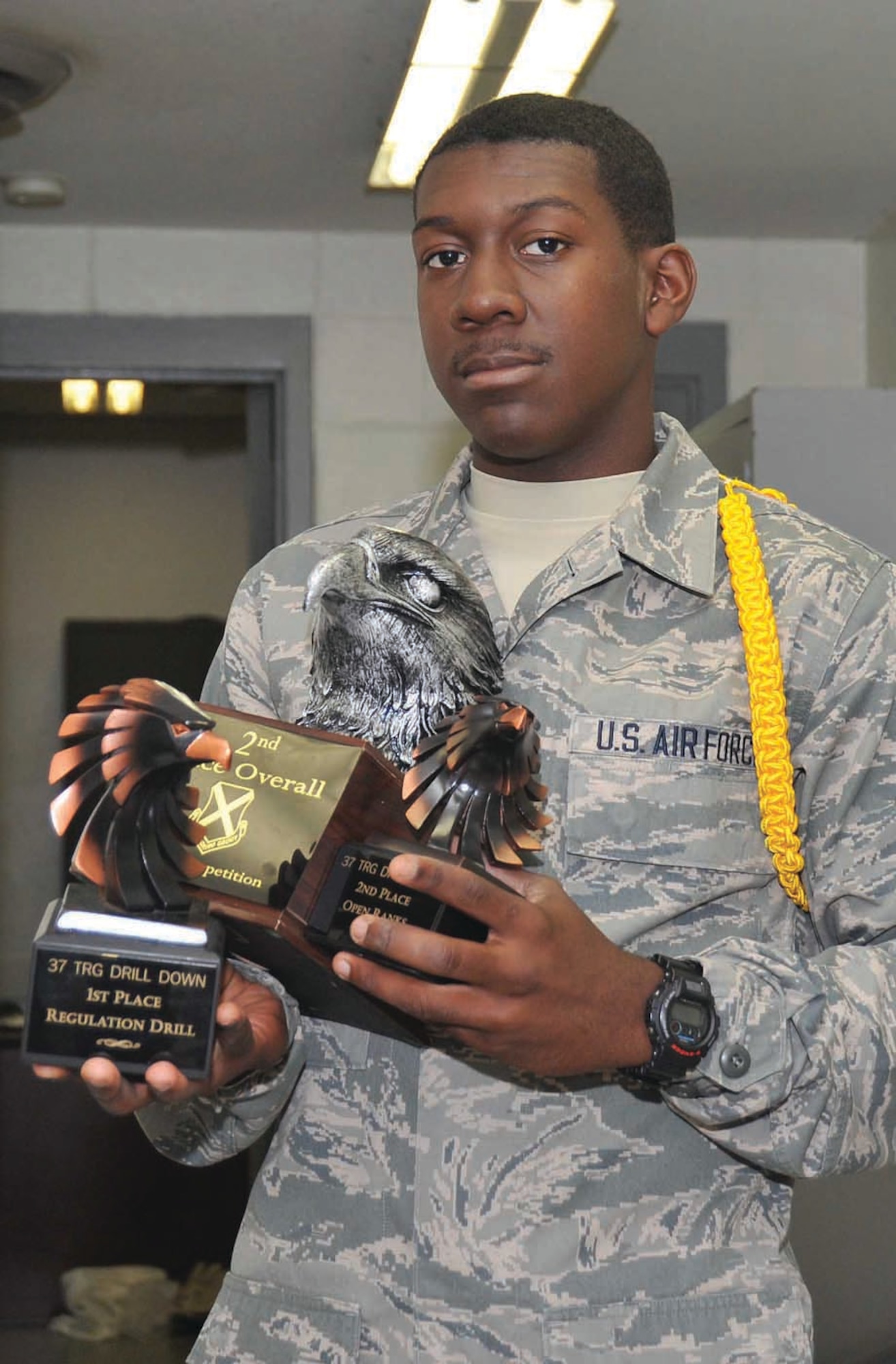 Airman 1st Class Kantrell Gray says he is proud of the awards the 324th Training Squadron won during BMT Drill Down Competitions. (U.S. Air Force Photo/Alan Boedeker)