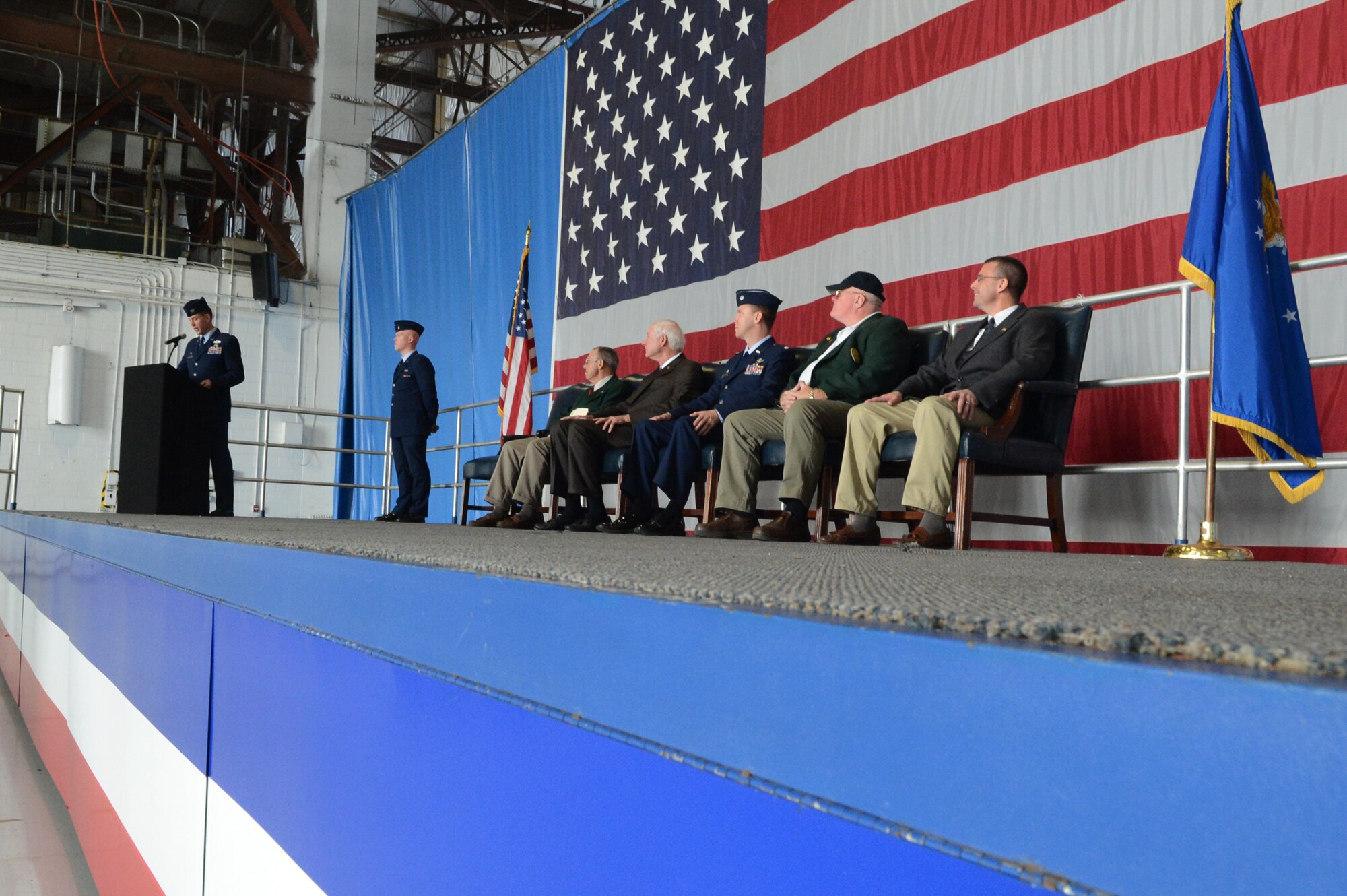 U.S. Air Force Col. Shaun McGrath, 20th Operations Group commander, speaks during the 20th Operations Group and 20th Operational Support Squadron honorary change of command ceremony in Hangar 1200, Shaw Air Force Base, S.C., Nov. 30, 2012.  The honorary commander program is intended to strengthen the bonds between Shaw and its Sumter neighbors.  (U.S. Air Force photo by Airman Nicole Sikorski/Released)