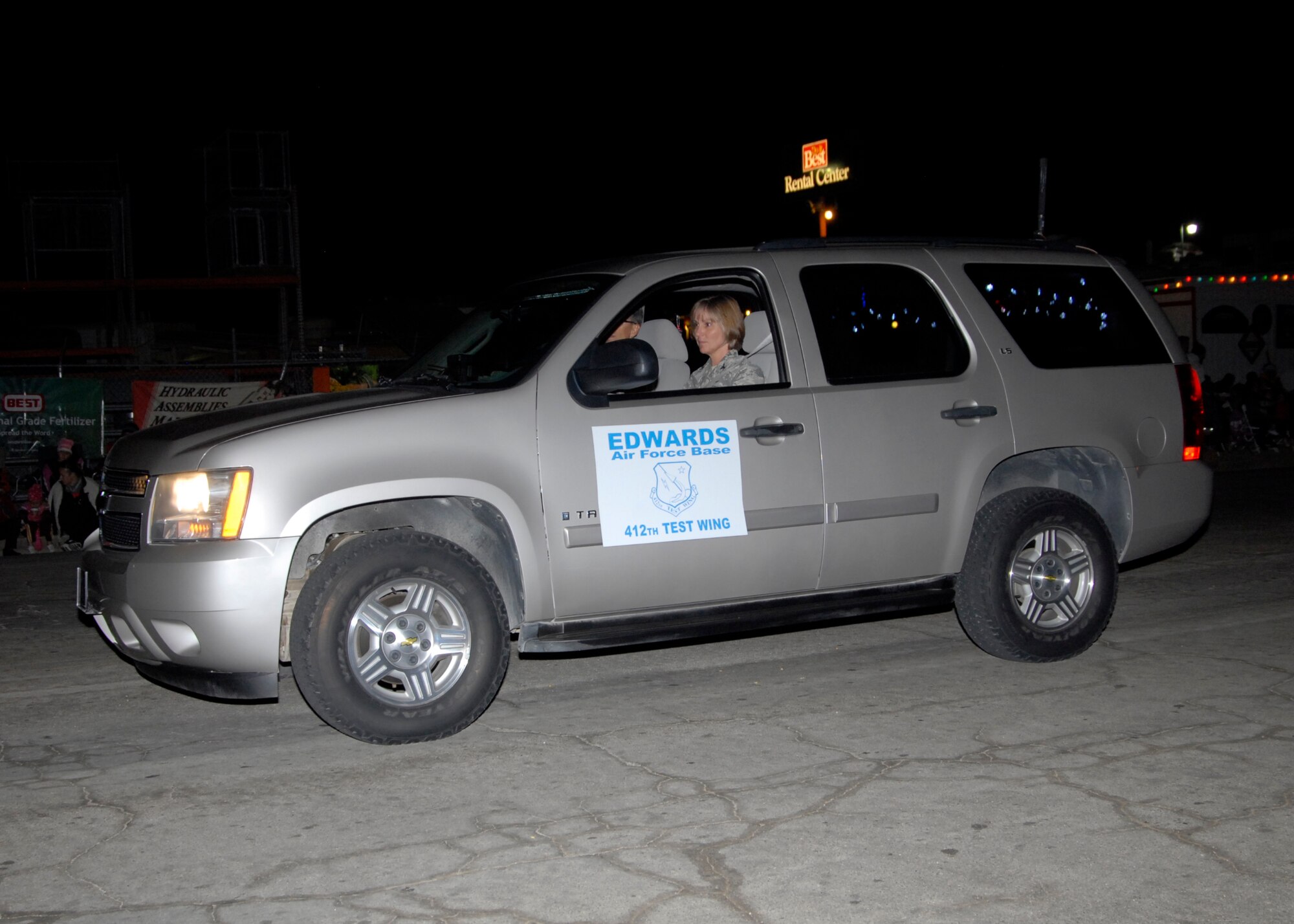 Col. Amy Arwood, 412th Test Wing director of staff, represented Edwards Air Force Base in the Rosamond Parade of Lights.  (U.S. Air Force photo by Laura Mowry)