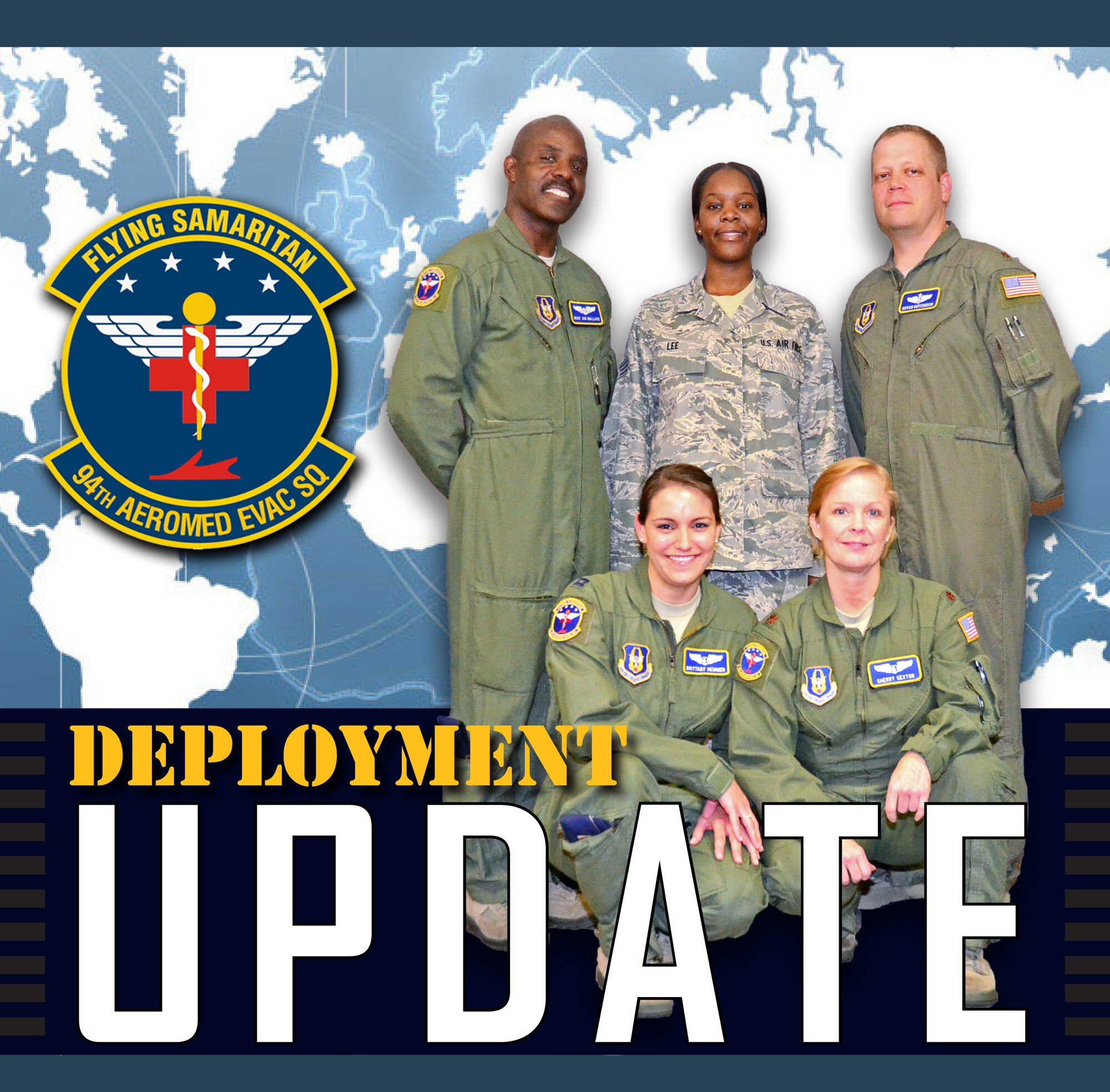 (Top) Master Sgt. Jonell Wallace, Senior Airman Stephanie Lee, Maj. Bryan Hutchinson, (Lower) Capt. Brittany Hemmer and Maj. Sherry Sexton are members of the 94th Aeromedical Evacuation Squadron. During deployments, these “Flying Samaritans” make flights from forward bases in Southwest Asia to the larger bases in Europe or stateside to transport wounded warriors from the battlefield and return those who have received care back to their duty locations. (U.S. Air Force photo/Senior Airman Elizabeth Van Patten)