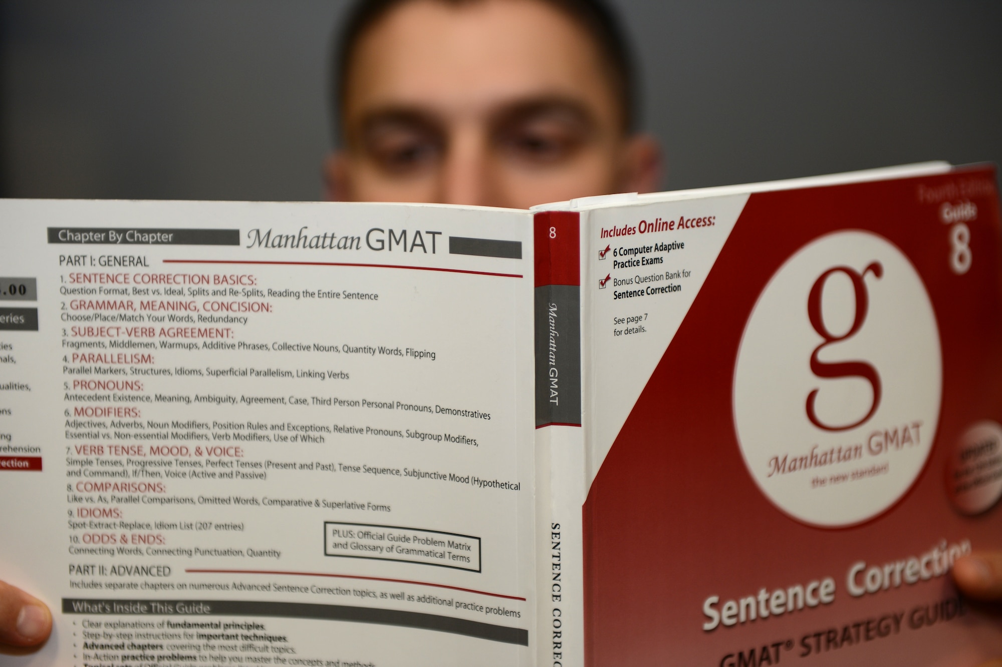 Airman First Class Saxton Hanwacker, 20th Comptroller Squadron special actions technician, studies his GMAT (Graduate Management Admissions Test) study guide, as he prepares for an upcoming test. Hanwacker earned the 2012 ACC Financial Management Airman of the Year award. He next competes at the Secretary of the Air Force level. (U.S. Air Force photo by Airman First Class Daniel Blackwell/Released)