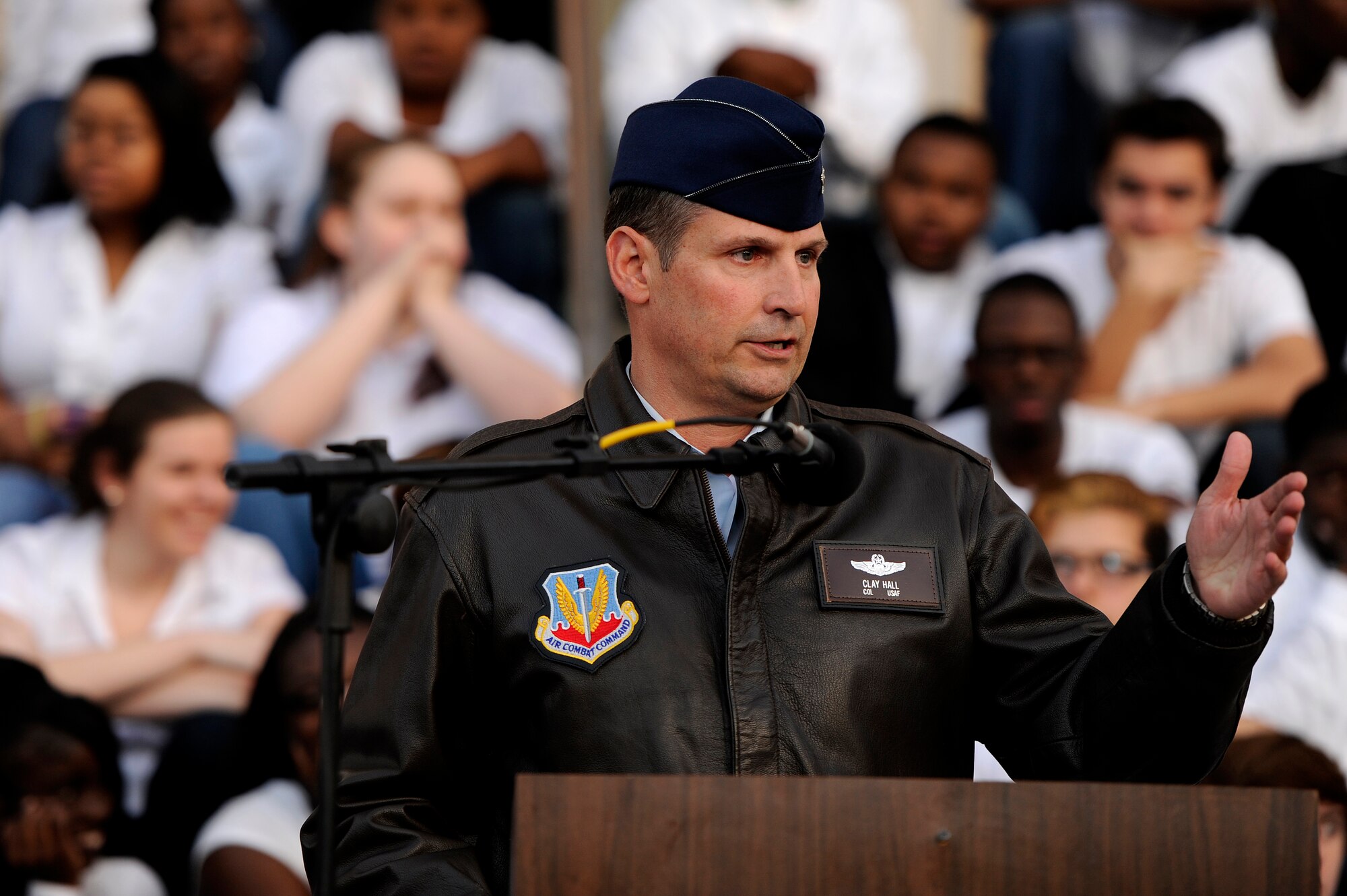 U.S. Air Force Col. Clay Hall, 20th Fighter Wing commander, speaks during the Sumter County Council Christmas Tree Lighting Ceremony, Nov. 30, 2012, Sumter S.C. The annual ceremony brought about the holiday spirit as several elementary, junior high, and high school choirs performed Christmas carols for those who gathered at the courthouse to witness the celebration. (U.S. Air Force photo by Staff Sgt. Kenny Holston/Released)