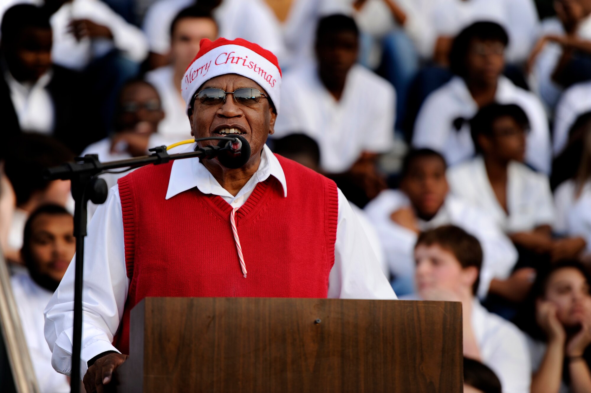 Eugene Baten, chairman, Sumter County Council, gives opening remarks during the Sumter County Council Christmas Tree Lighting Ceremony, Nov. 30, 2012, Sumter S.C. The annual ceremony brought about the holiday spirit as several elementary, junior high, and high school choirs performed Christmas carols for those who gathered at the courthouse to witness the celebration. (U.S. Air Force photo by Staff Sgt. Kenny Holston/Released)