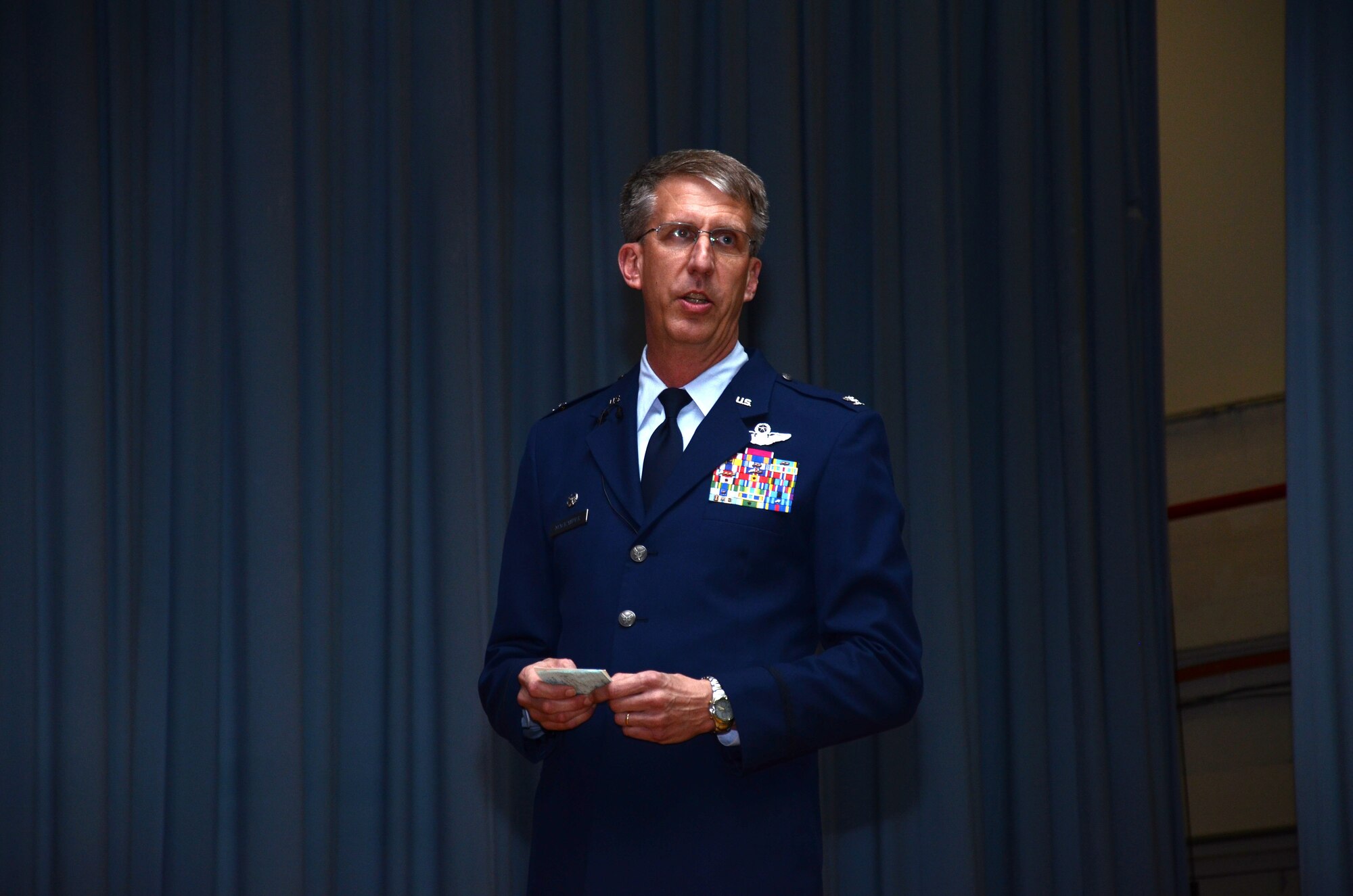 Col. Jeffrey Macrander, 920th Rescue Wing commander, emphasized the importance of readiness and spoke about the upcoming Readiness Inspection at commander's call during Sunday's Unit Training Assembly. (U.S. Air Force photo/Staff Sgt. Anna-Marie Wyant)