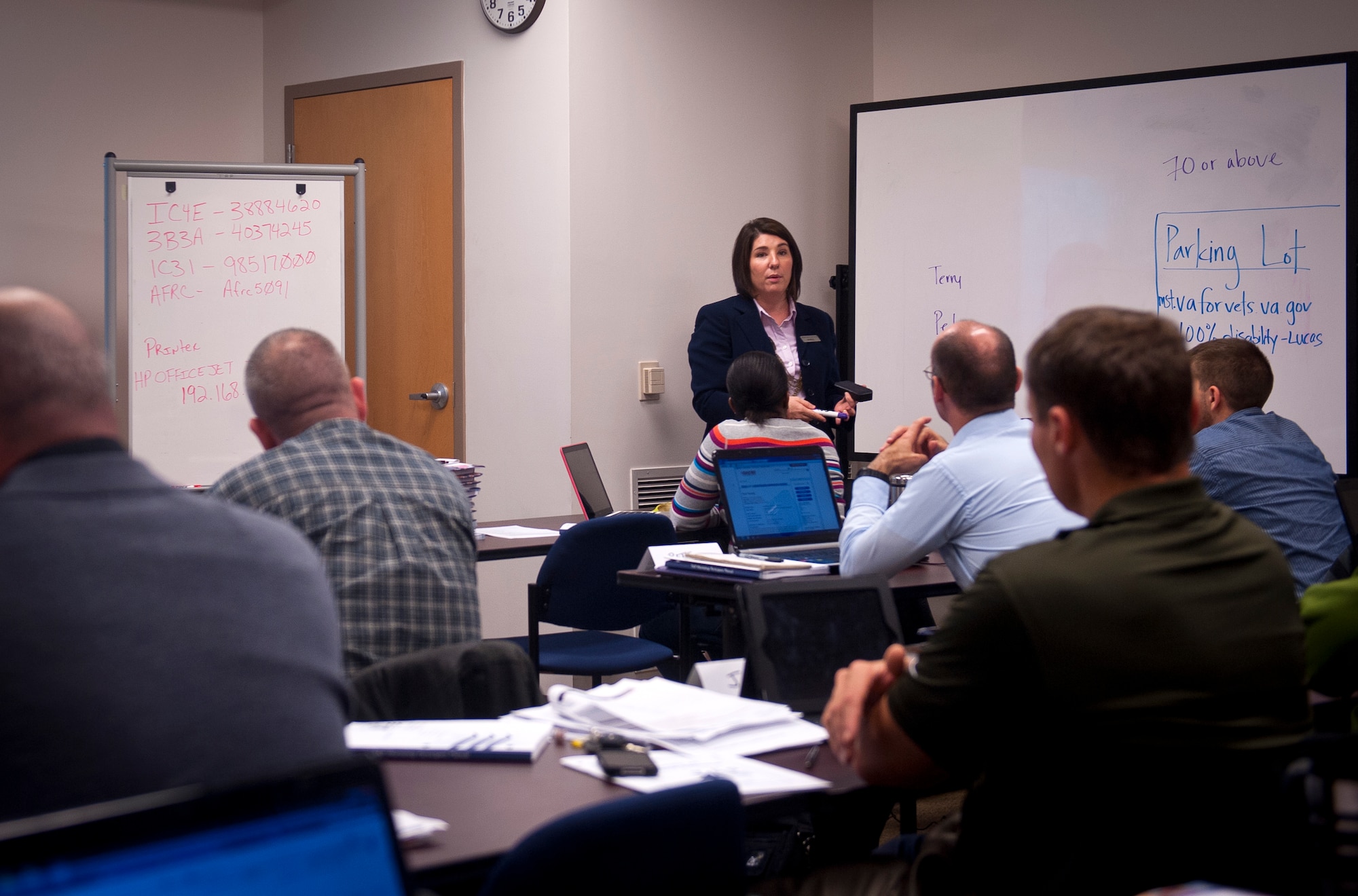 Mary Beth Griffin, GBX Consultants Transition Assistance Program facilitator, instructs a classroom of separating Airmen at Moody Air Force Base, Ga., Nov. 28, 2012. This was the first class taught under the new, revamped TAP. (U.S. Air Force photo by Airman 1st Class Jarrod Grammel/Released)
