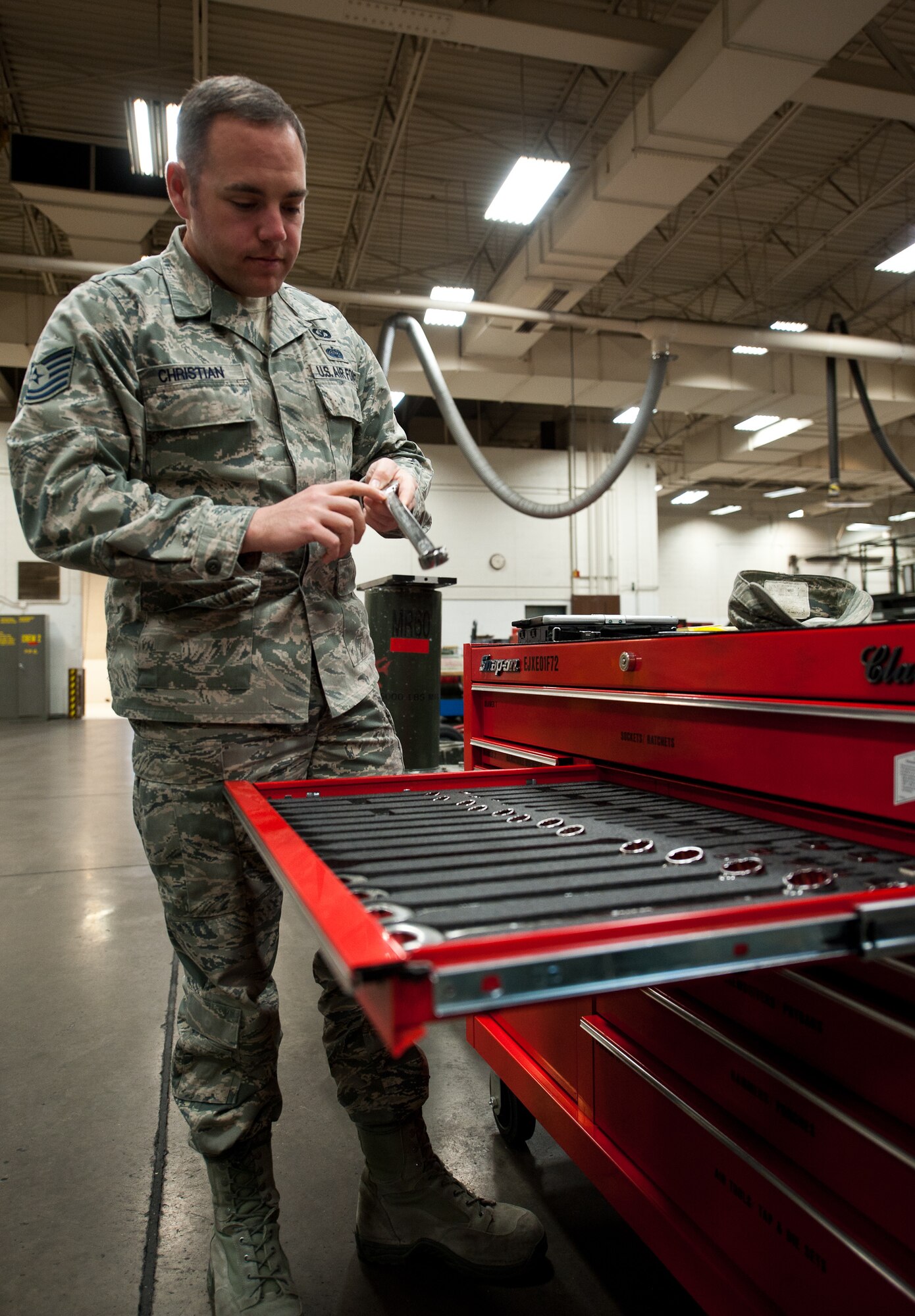 Tech. Sgt. Shane Christian, 28th Bomb Wing Staff ground safety NCO in-charge, inspects the serviceability of tools in the 28th Maintenance Squadron aerospace ground equipment shop during a spot inspection at Ellsworth Air Force Base, S.D., Nov. 29, 2012. Ground safety specialists are responsible for educating base personnel on risk management, hazard elimination, and proper personal protective equipment to keep Ellsworth Airmen safe. (U.S. Air Force photo by Airman 1st Class Alystria Maurer/Released)