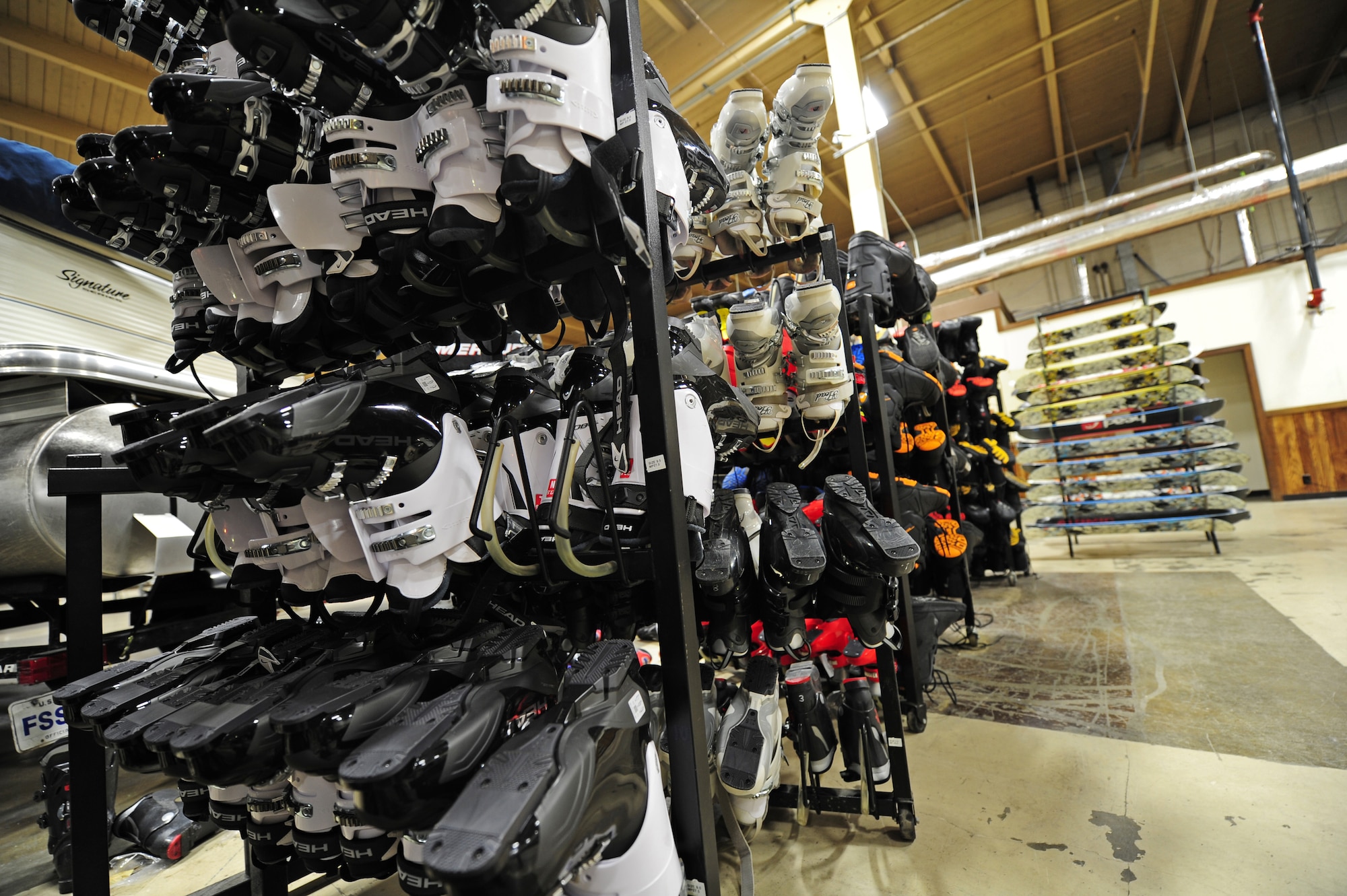 A wide variety of winter equipment available for rent at Outdoor Recreation at Fairchild Air Force Base, Wash., March 7, 2012. Rental of the Snow Board Package includes a board, boots and a helmet. Outdoor Recreation offers other winter equipment such as skis, snow shoes, jackets and sleds. (U.S. Air Force photo by Airman 1st Class Taylor Curry)