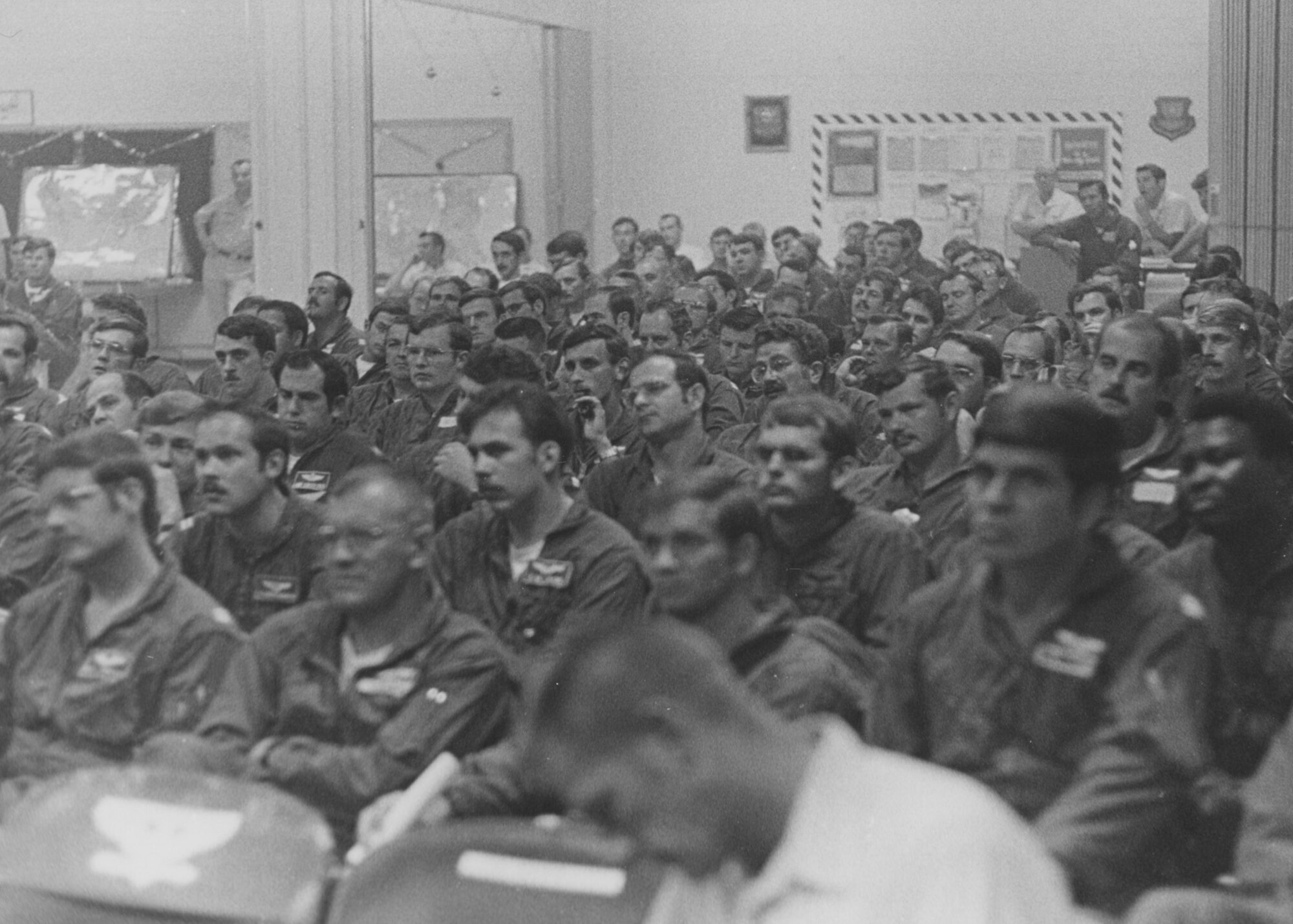 B-52s crews are briefed prior to departing Andersen Air Base, Guam, for missions in Operation Linebacker II in Dec. 1972. (Courtesy Photo)