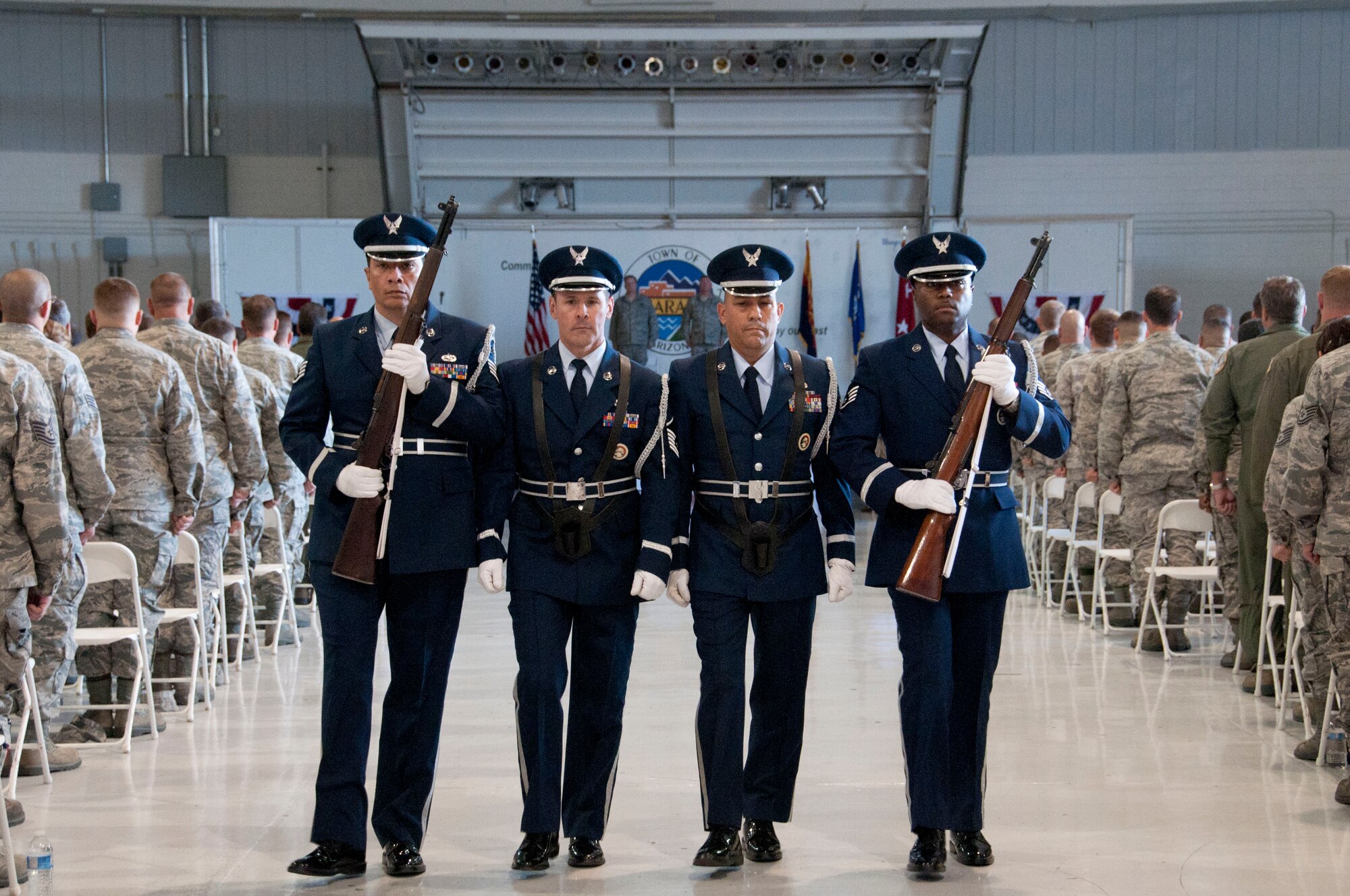The 162nd Fighter Wing’s Honor Guard performs during the annual awards ceremony to honor the wing’s outstanding Airmen. U.S Air Force Photo by Tech. Sgt. Hollie Hansen. 