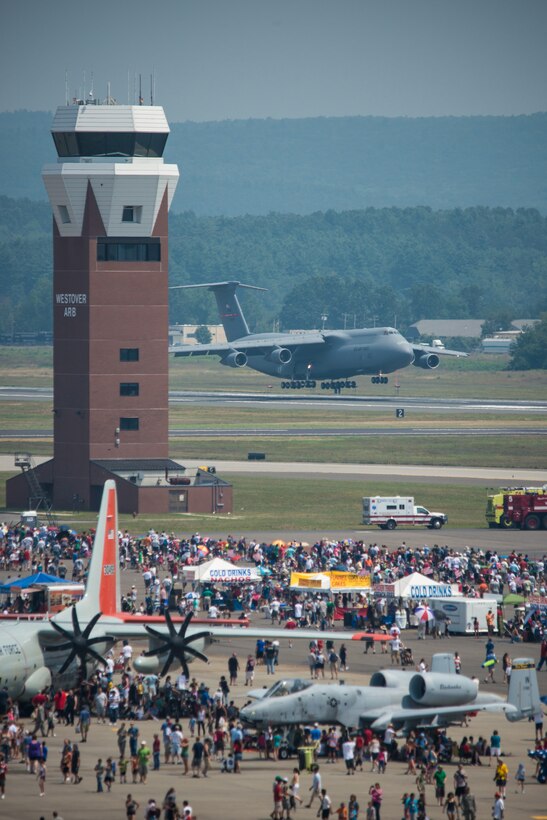 A Westover C-5 Galaxy approaches the runway for a "touch and go" during the airshow on August 4, 2012. Nearly 210,000 people thronged Westover's flight line between Aug. 4 and 5th for the air show's salute to the World War II generation. (U.S. Air Force photo/W.C. Pope)